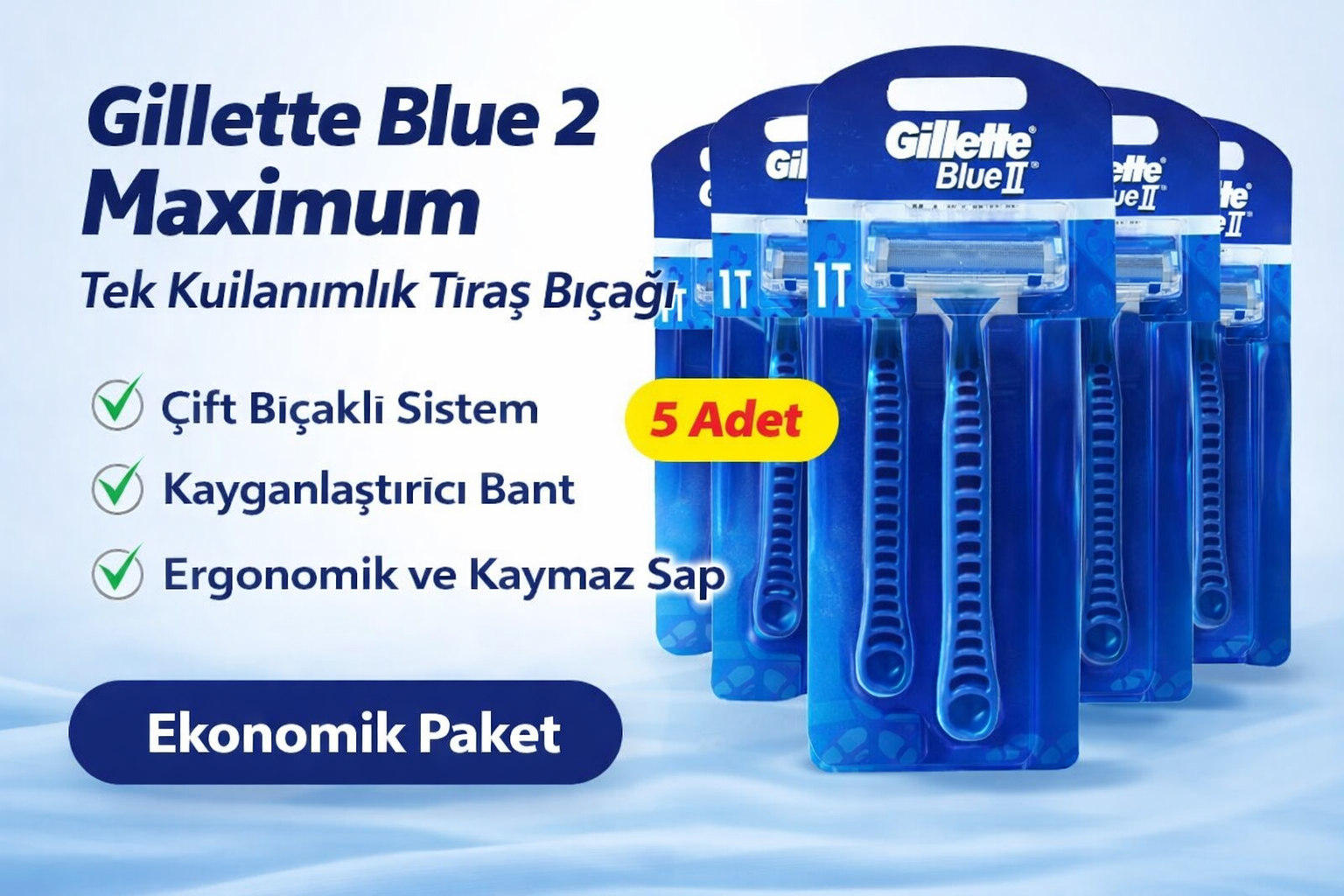 Jilet Blue 2 Maximum Tek Kullanımlık Tıraş Bıçağı 5 Adet Ekonomik Paket