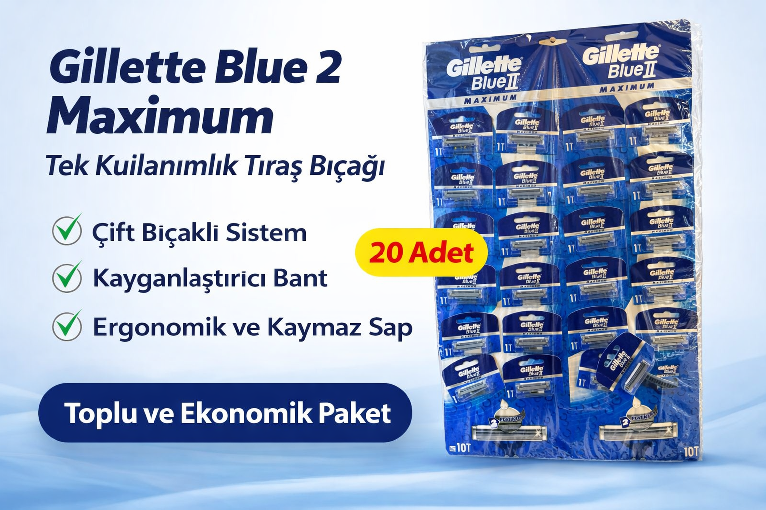 Jilet Blue 2 Maximum Tek Kullanımlık Tıraş Bıçağı 20 Adet Ekonomik Paket