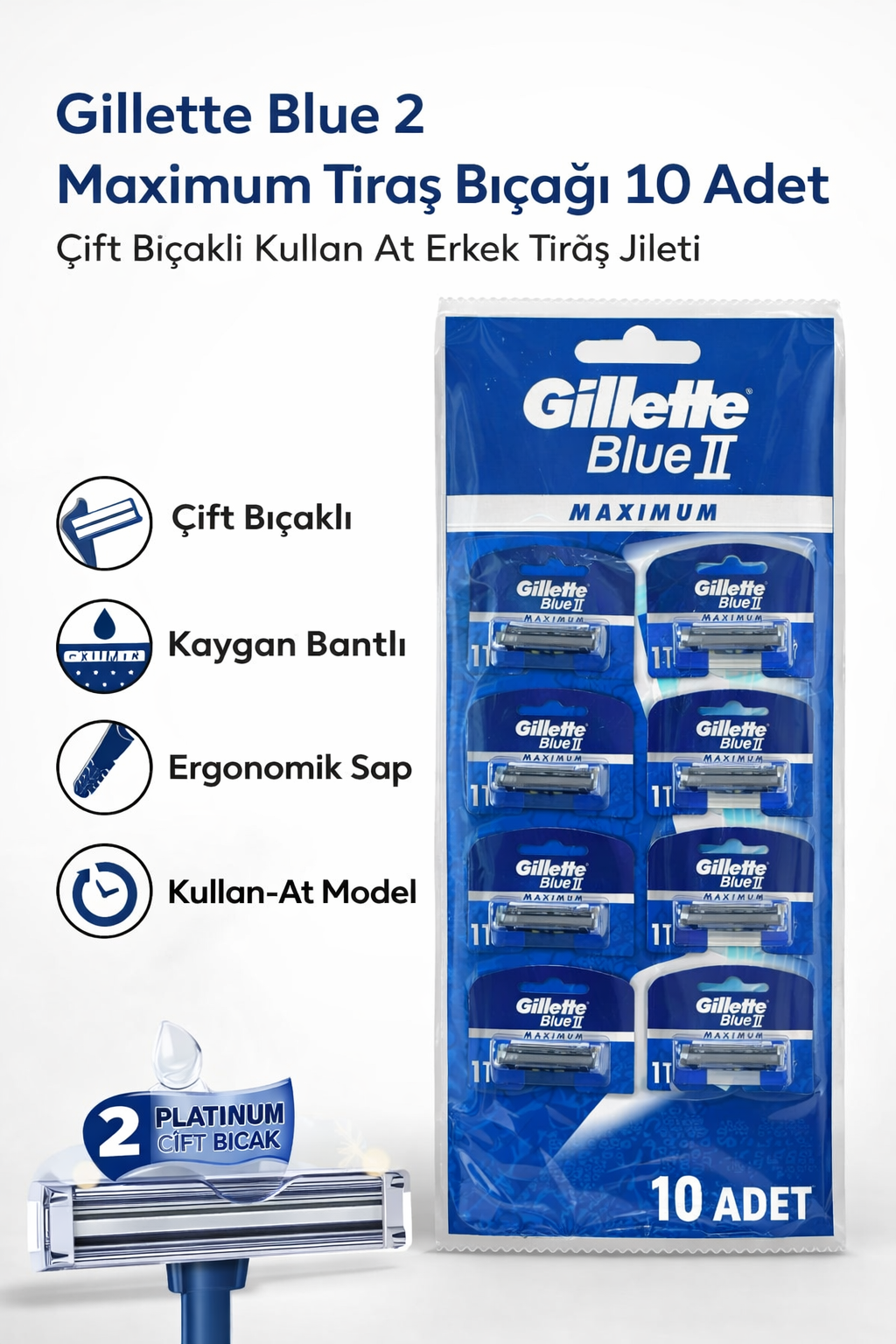 Jilet Blue 2 Maximum Tıraş Bıçağı 10 Adet Çift Bıçaklı Kullan At Erkek Tıraş Jileti