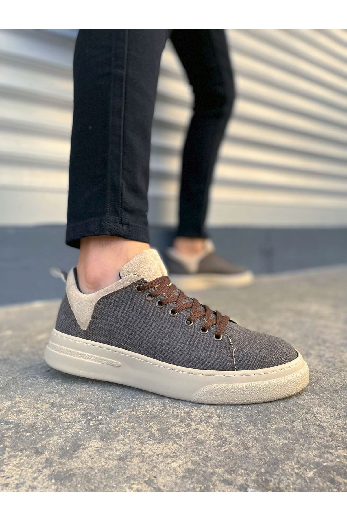 JY204 Flex Bağcıklı Keten Kumaş Erkek Günlük Sneaker Ayakkabı KKT - Kahverengi/Krem