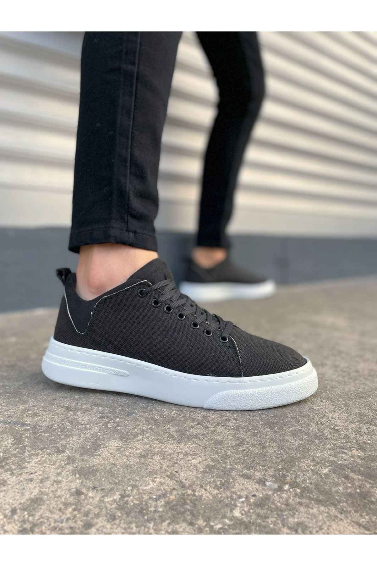 JY204 Flex Bağcıklı Keten Kumaş Erkek Günlük Sneaker Ayakkabı KBT - Siyah
