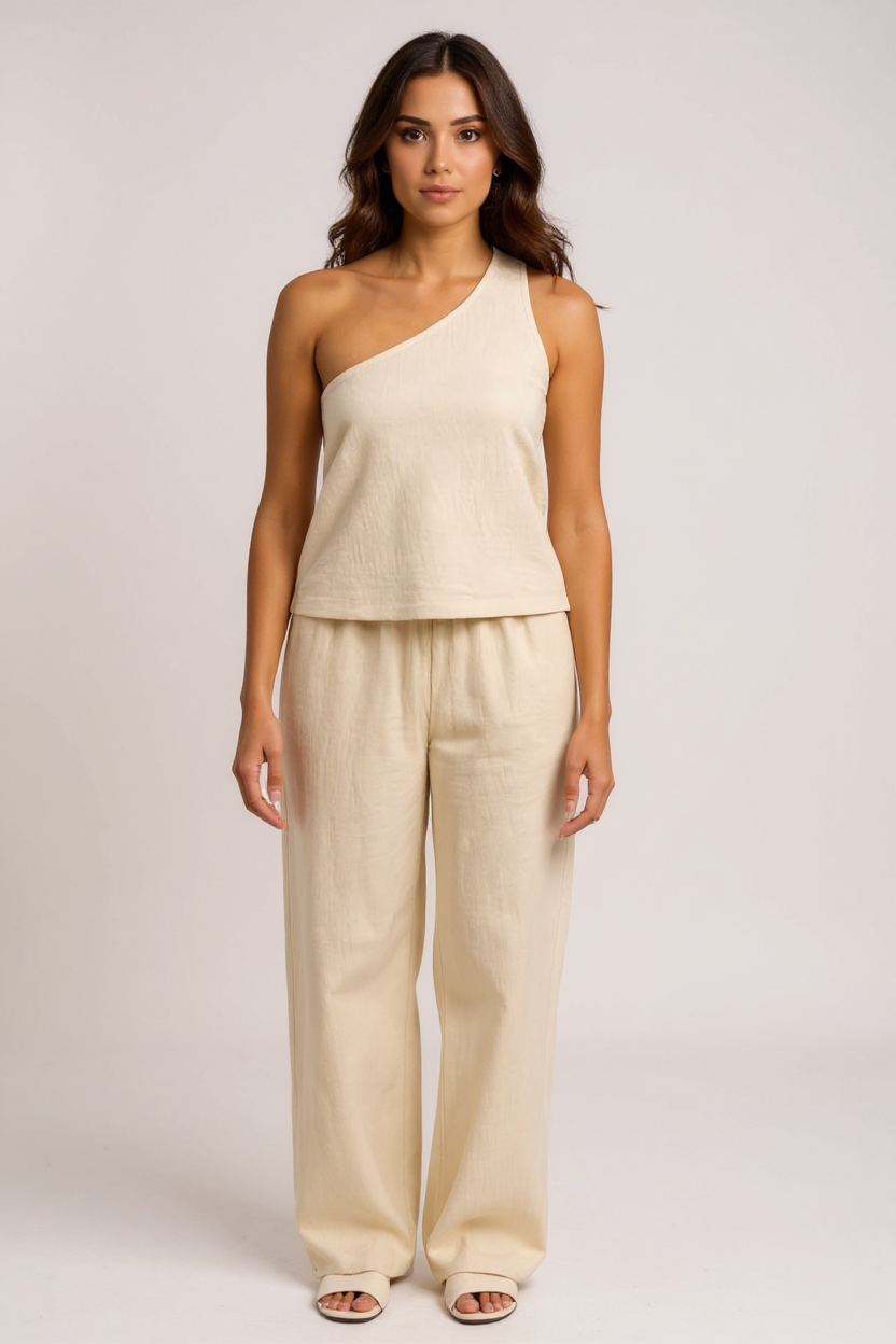 Kadın Beyaz Tek Omuzlu Şık Bluz &amp; Geniş Paça Pantolon İkili Takım