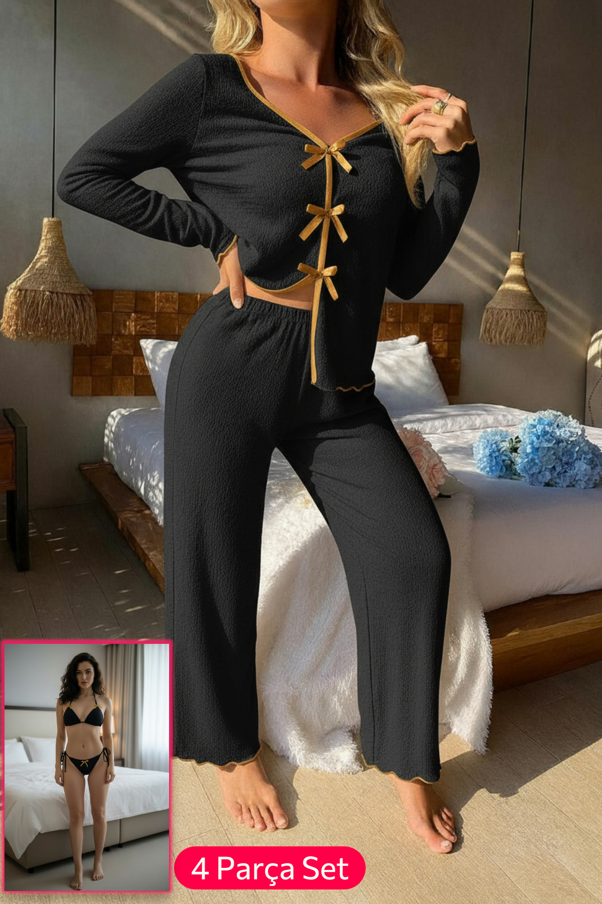 Kadın Siyah Fiyonklu İç Çamaşırı ve Uzun Kollu V Yaka Pijama Takımı 4&apos;lü Set