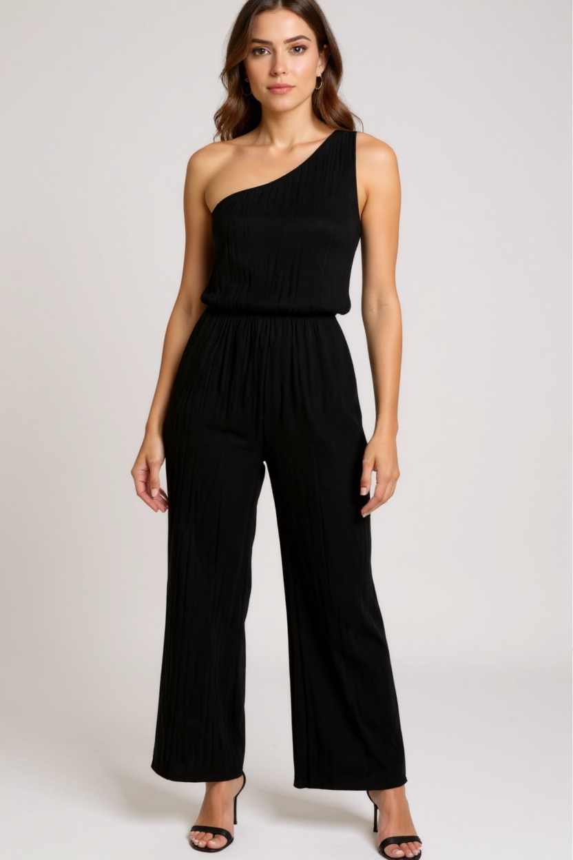 Kadın Siyah Tek Omuzlu Şık Bluz &amp; Geniş Paça Pantolon İkili Takım – Modern, Konforlu ve Günlük Kombinlere Uygun