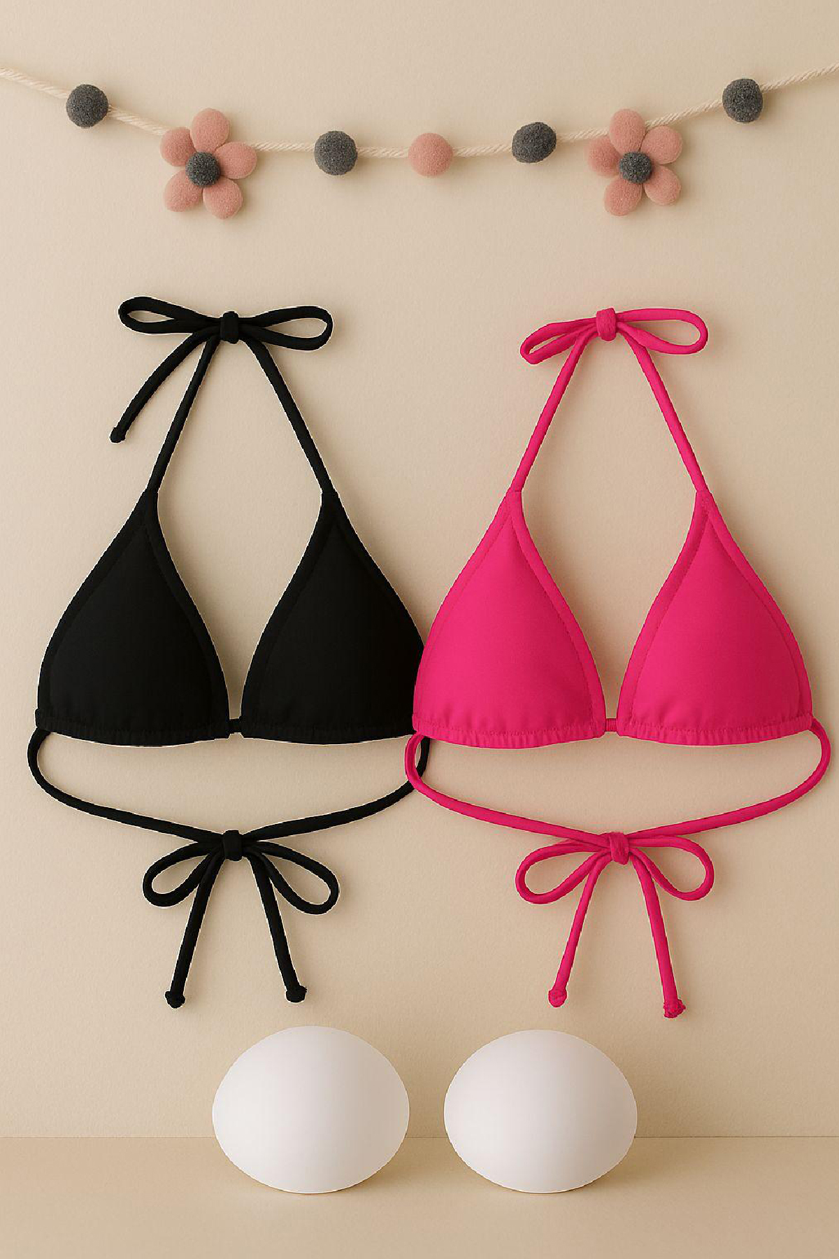 Kadın Siyah ve Fuşya Minimal Kesim Üçgen Bikini Üstü – Modern ve Şık Tasarım