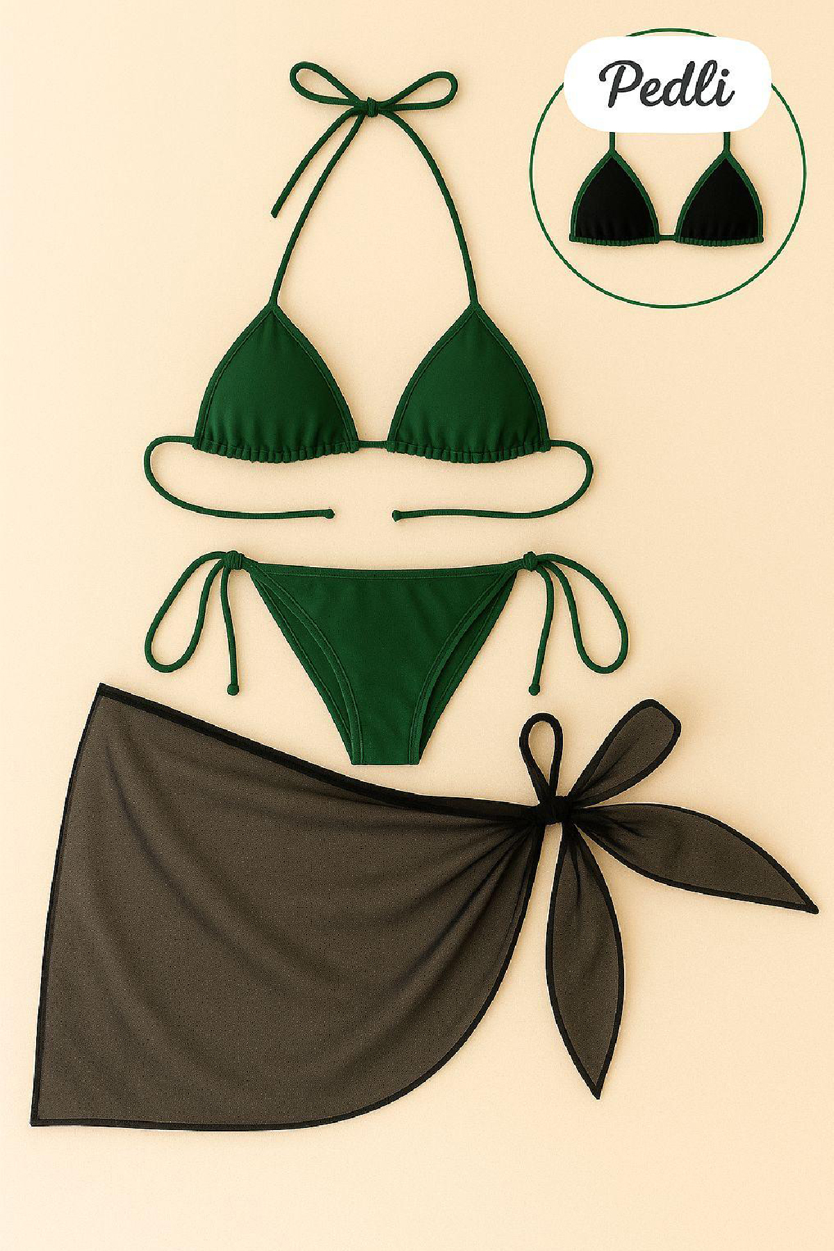 Kadın Yeşil Siyah Pareolu Yandan ve Boyundan Bağlamalı 3&apos;lü Bikini Takımı – Modern, Konforlu ve Günlük Kombinlere Uygun