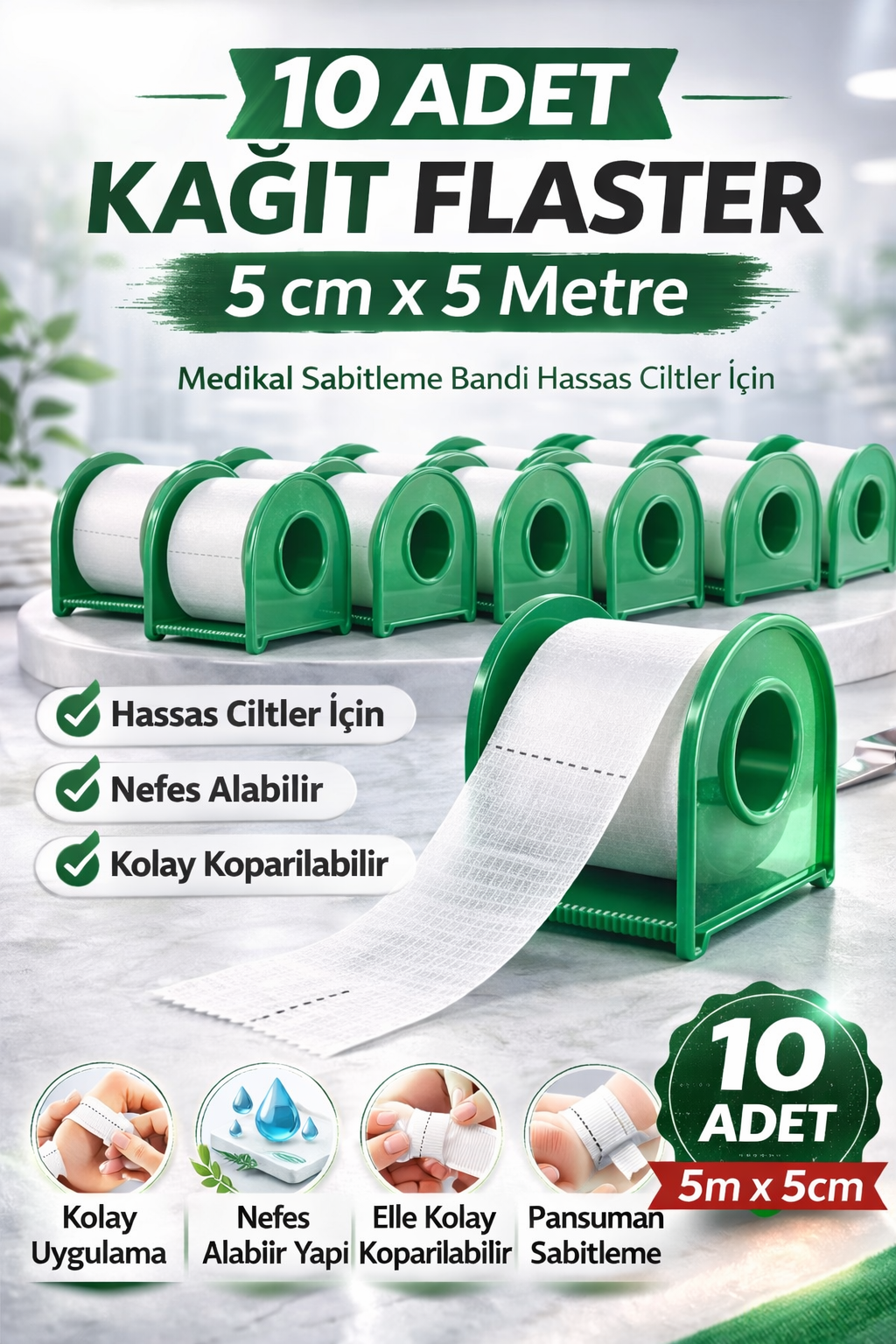 Kağıt Flaster 5 cm x 5 m 10 Adet Medikal Sabitleme Bandı Hassas Ciltler İçin