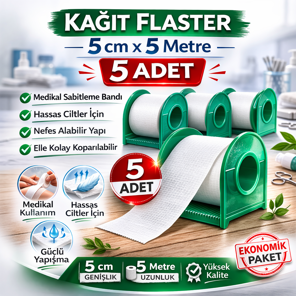 Kağıt Flaster 5 cm x 5 m 5 Adet Medikal Sabitleme Bandı Hassas Ciltler İçin