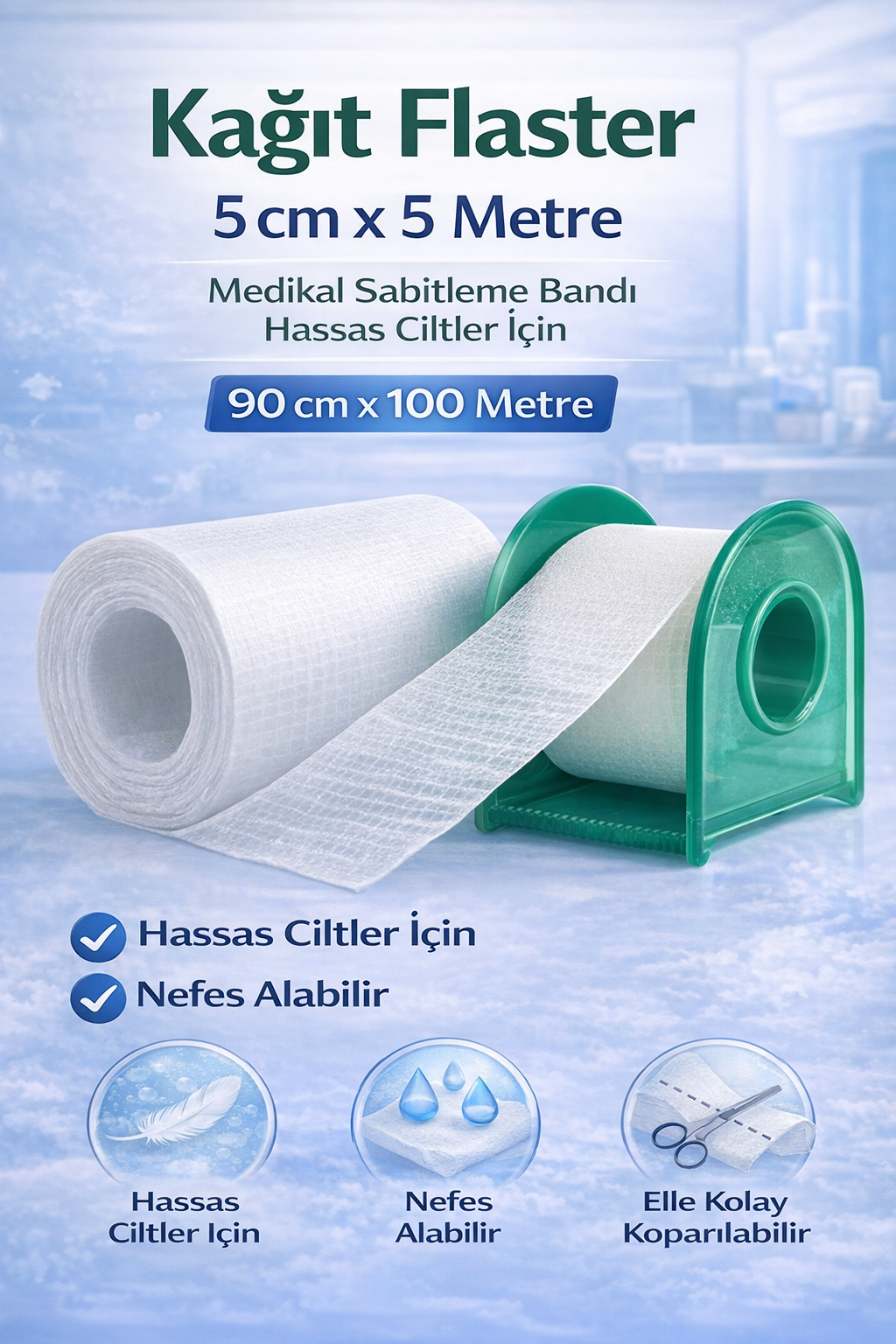 Kağıt Flaster 5 cm x 5 m Medikal Sabitleme Bandı Hassas Ciltler İçin 1 ADET
