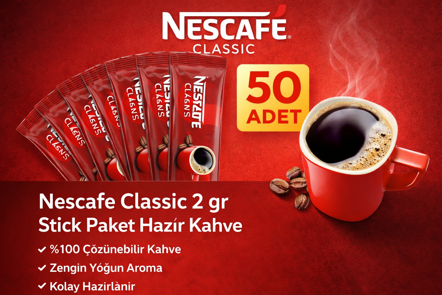 Kahve Classic 2 gr 50 Adet Stick Paket Hazır Kahve %100 Çözünebilir Zengin Yoğun Aroma