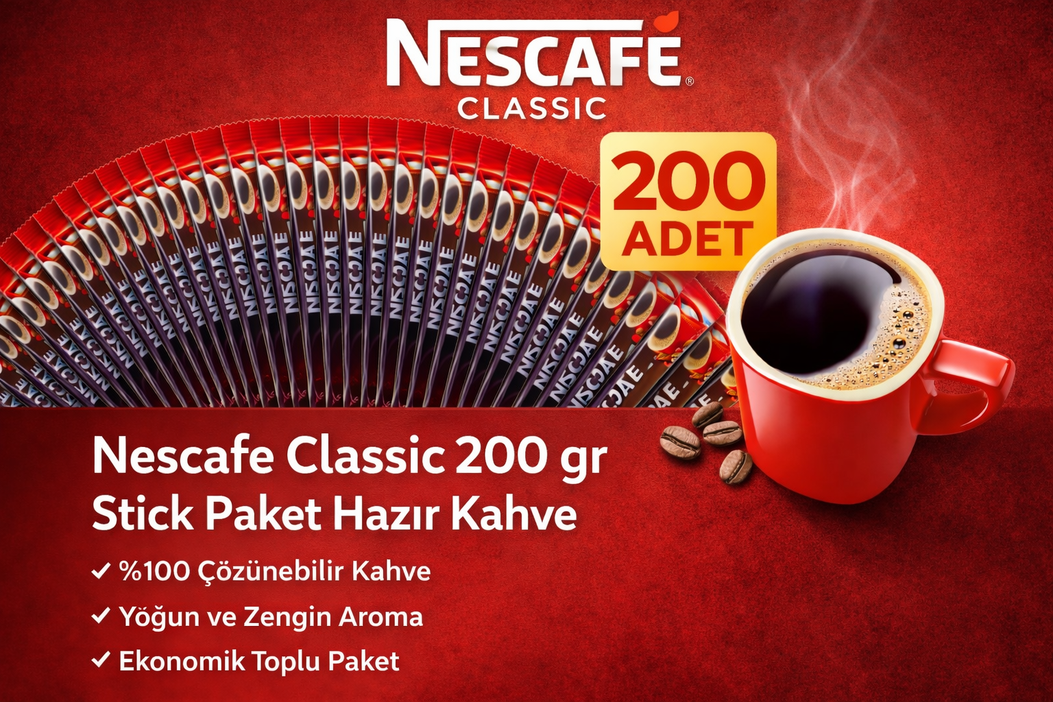 Kahve Classic 2 gr Stick Hazır Kahve 200 Adet %100 Çözünebilir Yoğun Aromalı Ekonomik Paket
