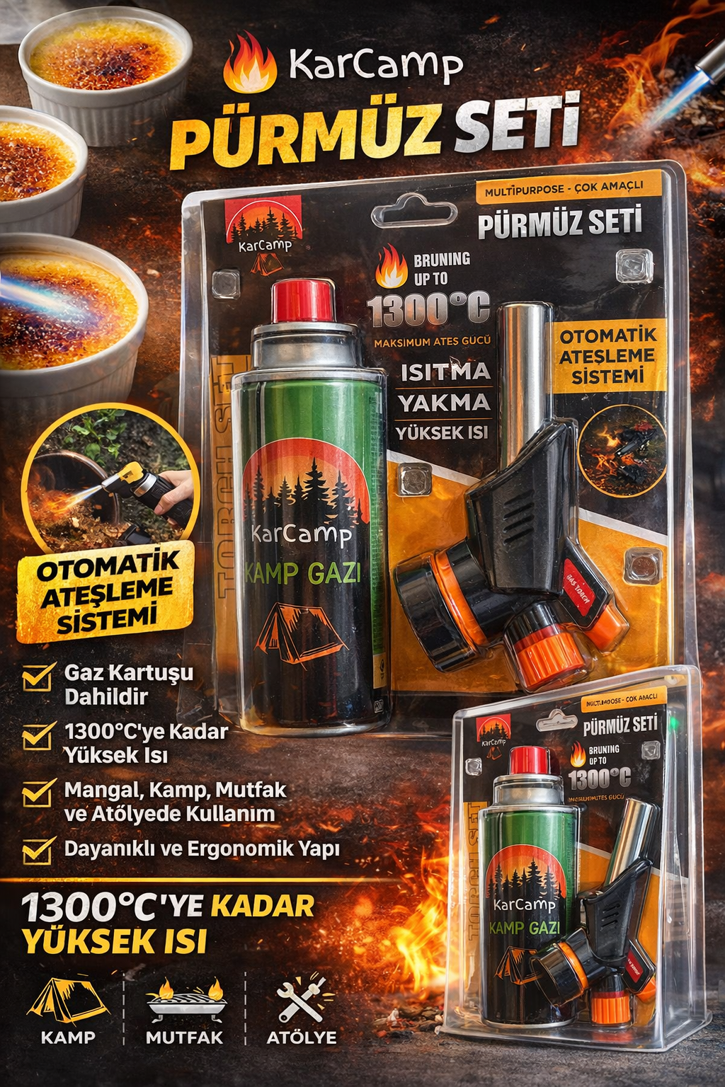 KarCamp Pürmüz Seti Kamp Gazlı Torch Çakmak Otomatik Ateşlemeli 1300°C Çok Amaçlı Mutfak Kamp Kaynak Pürmüz Seti Gaz Kartuşlu