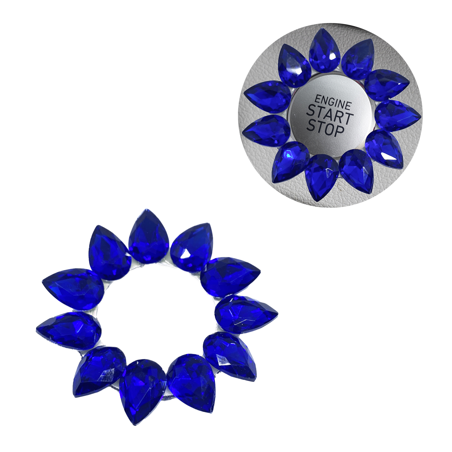 Kristal Damla Taşlı Start Stop Düğme Halkası Saks Mavi