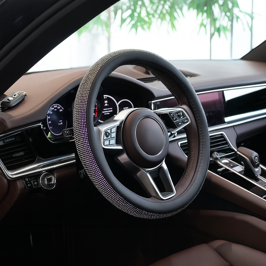 Kristal Taşlı Geçmeli Direksiyon Kılıfı-Siyah Derili