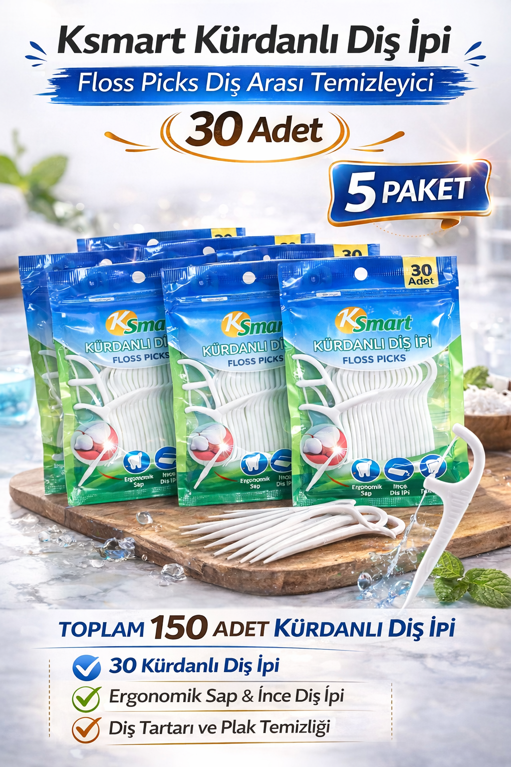 Ksmart Kürdanlı Diş İpi 30 Adet Floss Picks Diş Arası Temizleyici 5 Paket