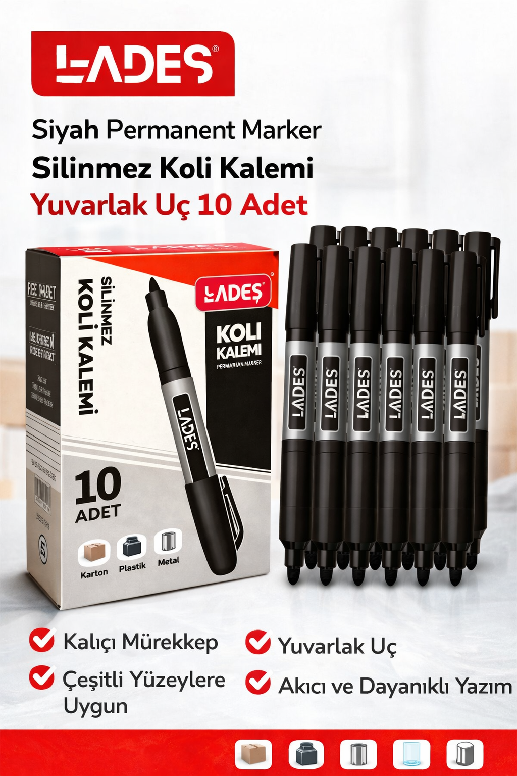 Lades Siyah Permanent Marker Silinmez Koli Kalemi Yuvarlak Uç 10 Adet
