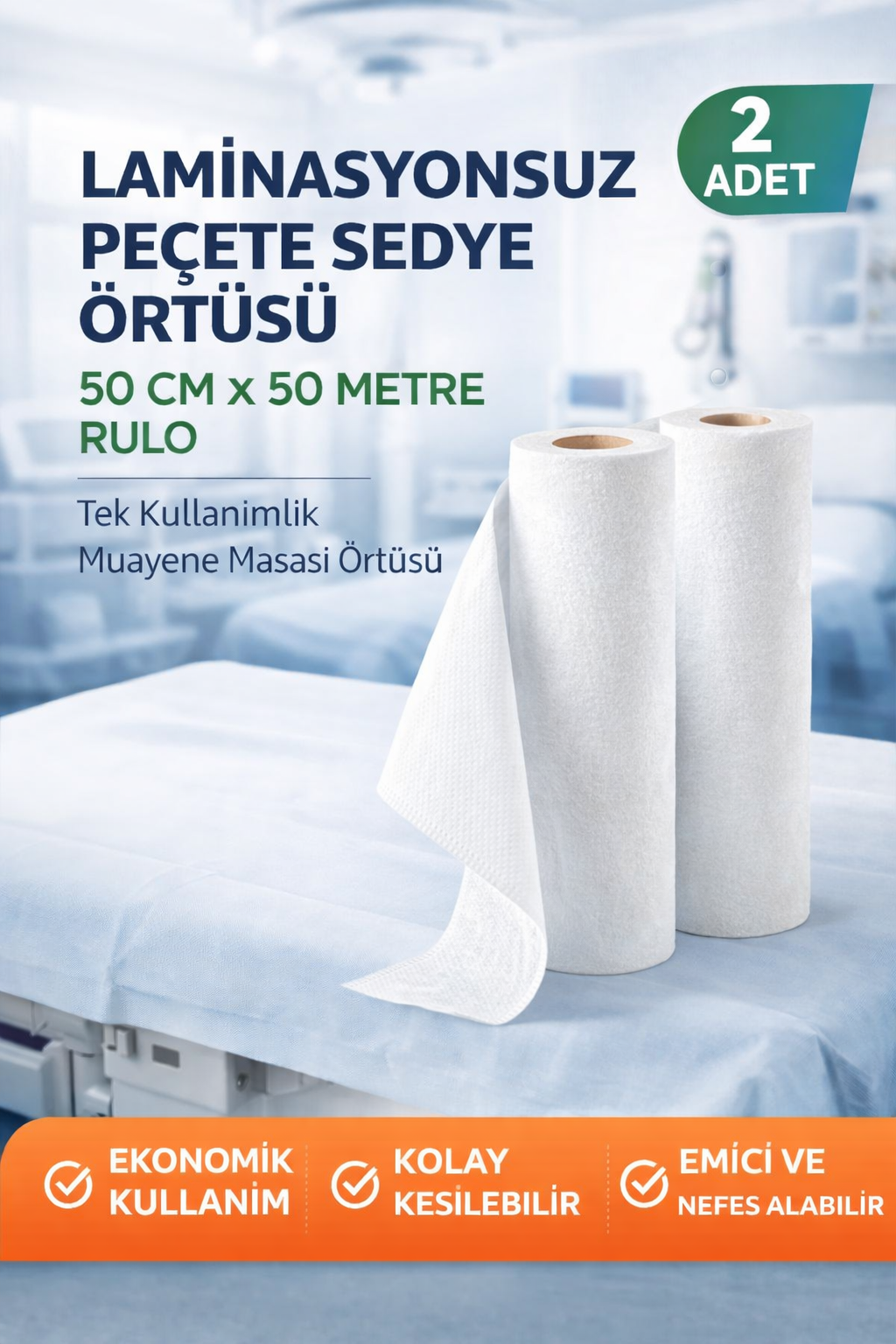 Laminasyonsuz Peçete Sedye Örtüsü 50 cm x 50 Metre Rulo Tek Kullanımlık Muayene Masası Örtüsü 2 Adet