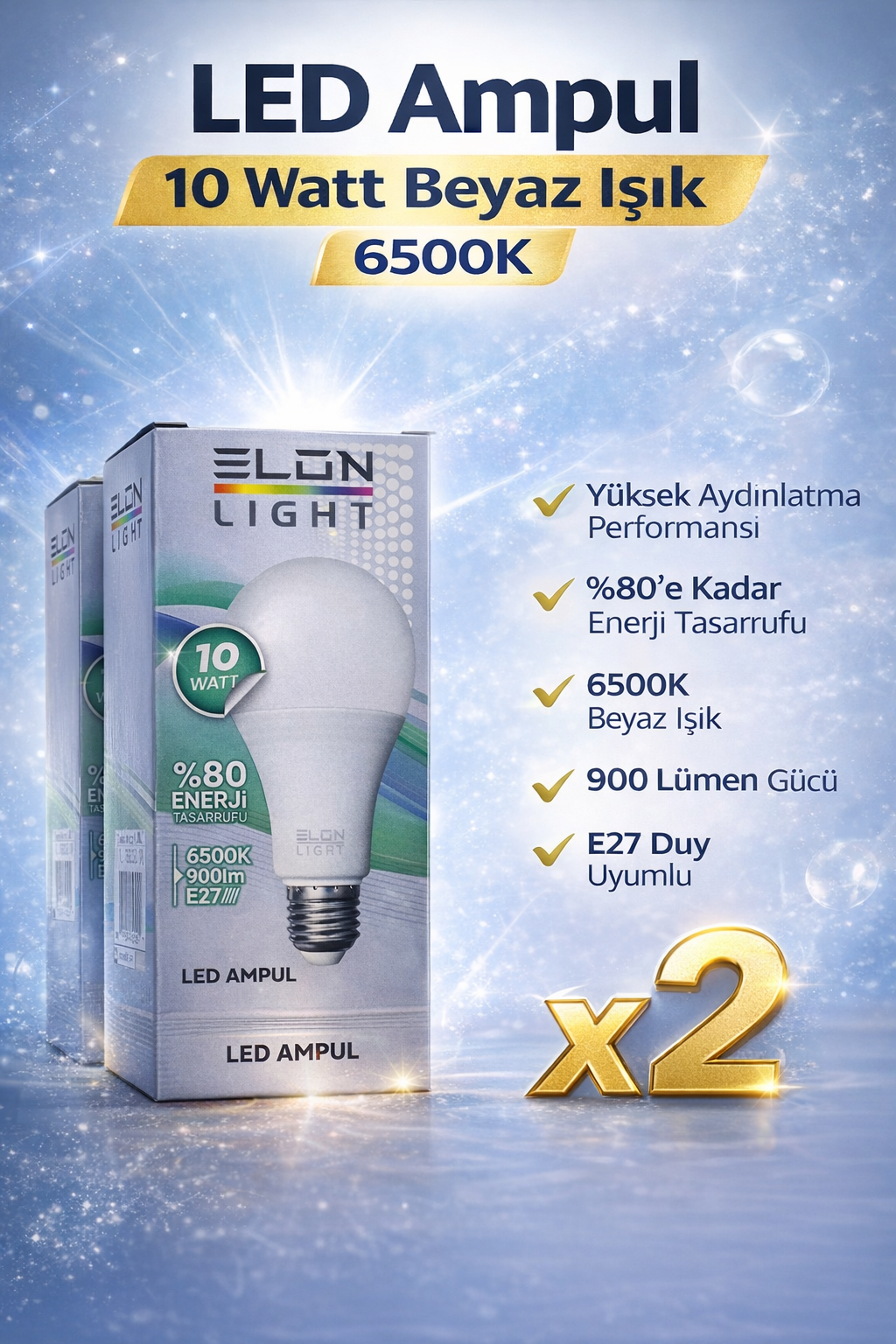LED Ampul 10 Watt Beyaz Işık 6500K Yüksek Aydınlatma E27 Duy Enerji Tasarruflu 2 Adet
