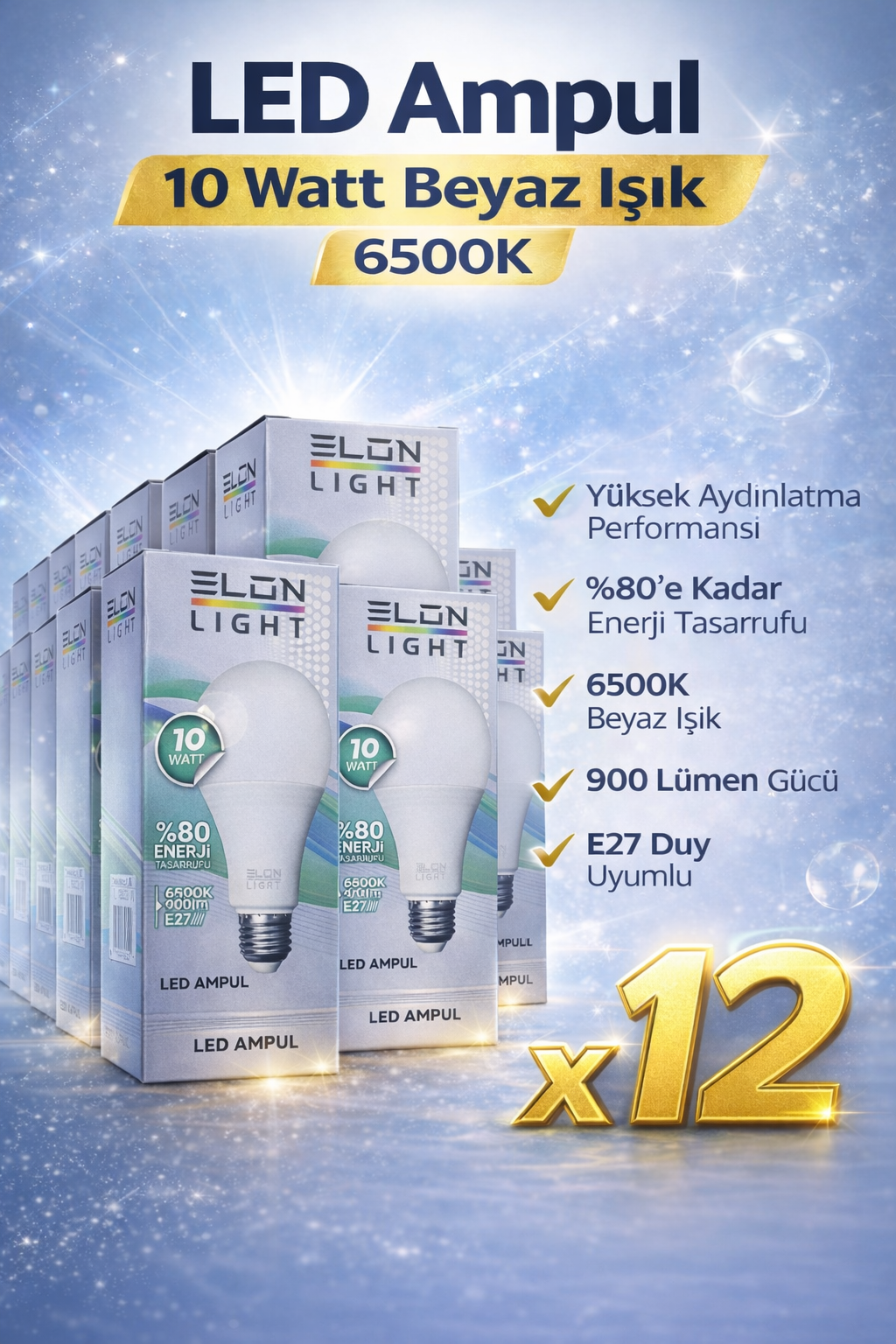 LED Ampul 10 Watt Beyaz Işık 6500K Yüksek Aydınlatma E27 Duy Enerji Tasarruflu 12 Adet