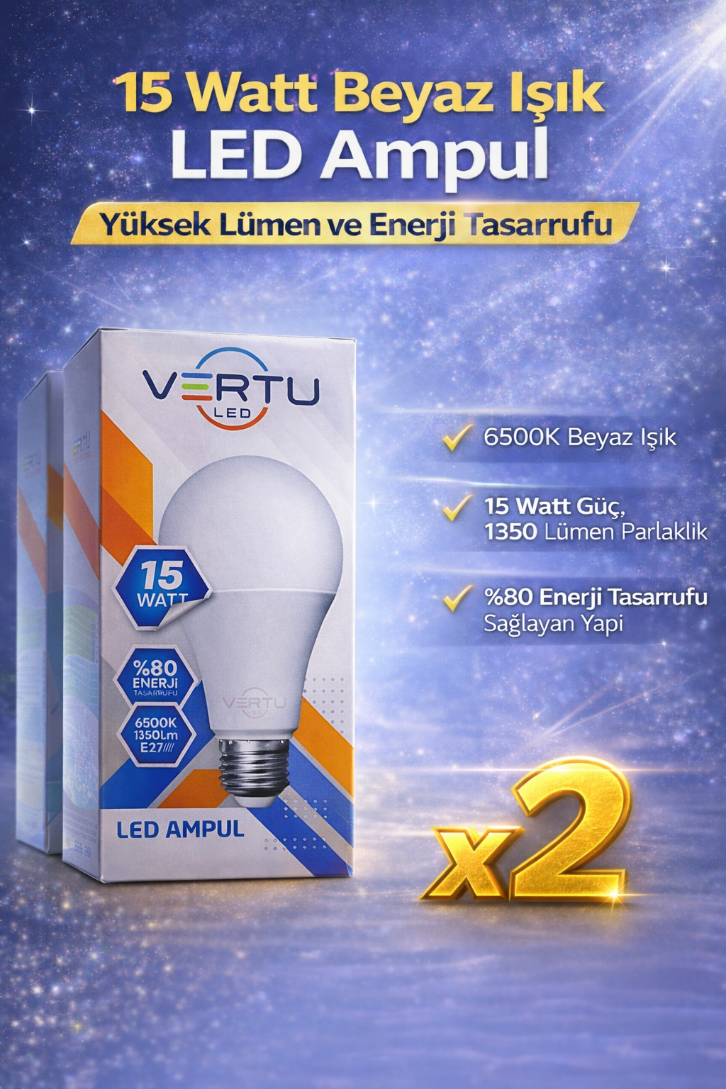 LED Ampul 15 Watt Beyaz Işık 6500K Yüksek Lümen E27 Duy Enerji Tasarruflu 2 Adet