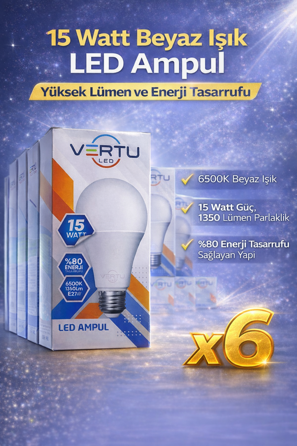 LED Ampul 15 Watt Beyaz Işık 6500K Yüksek Lümen E27 Duy Enerji Tasarruflu 6 Adet