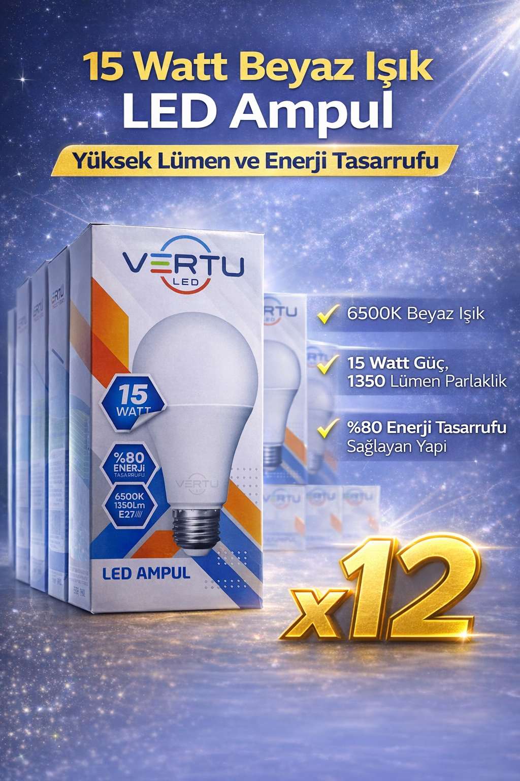 LED Ampul 15 Watt Beyaz Işık 6500K Yüksek Lümen E27 Duy Enerji Tasarruflu 12 Adet