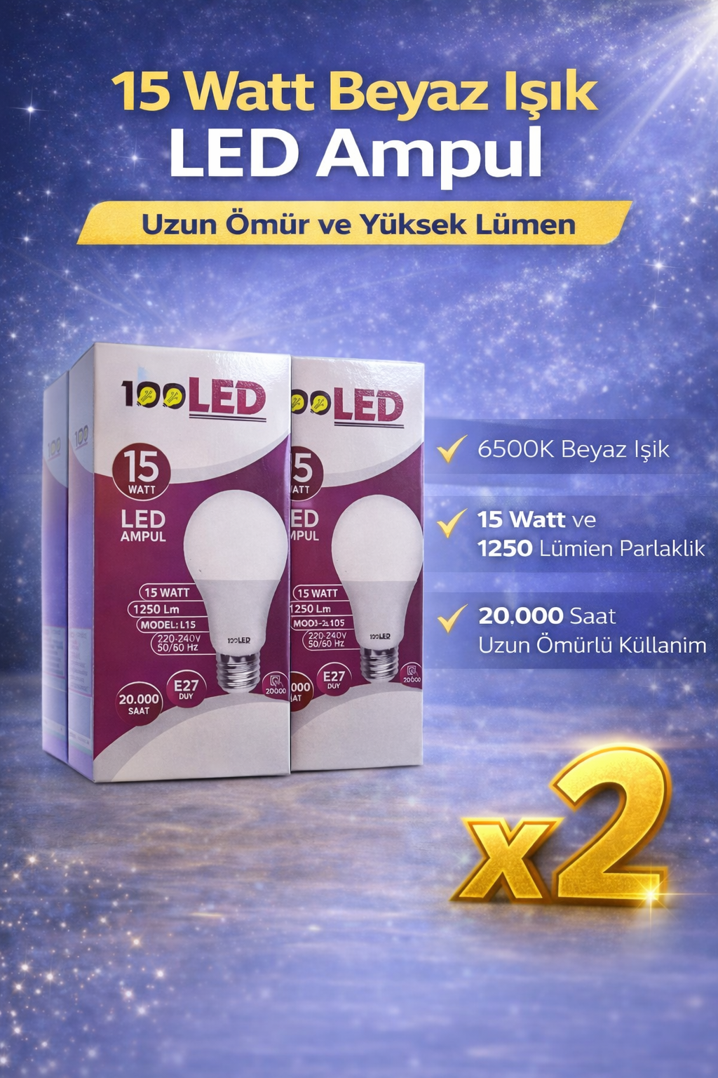 LED Ampul 15 Watt Beyaz Işık 6500K Yüksek Lümen E27 Duy Uzun Ömürlü 2 Adet