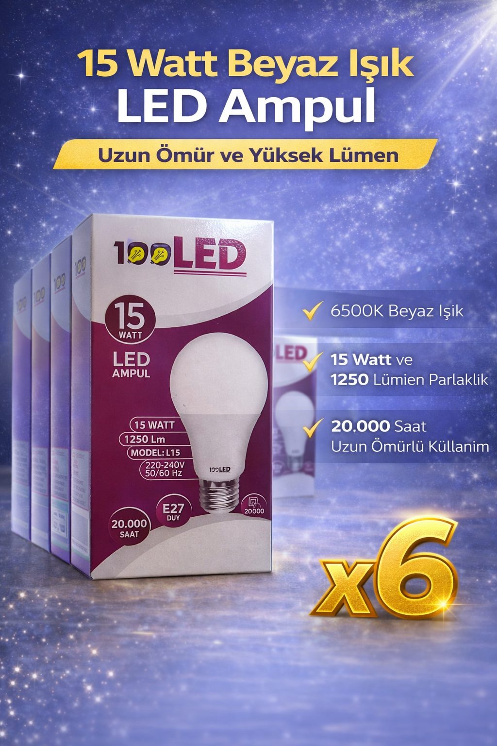 LED Ampul 15 Watt Beyaz Işık 6500K Yüksek Lümen E27 Duy Uzun Ömürlü 6 Adet