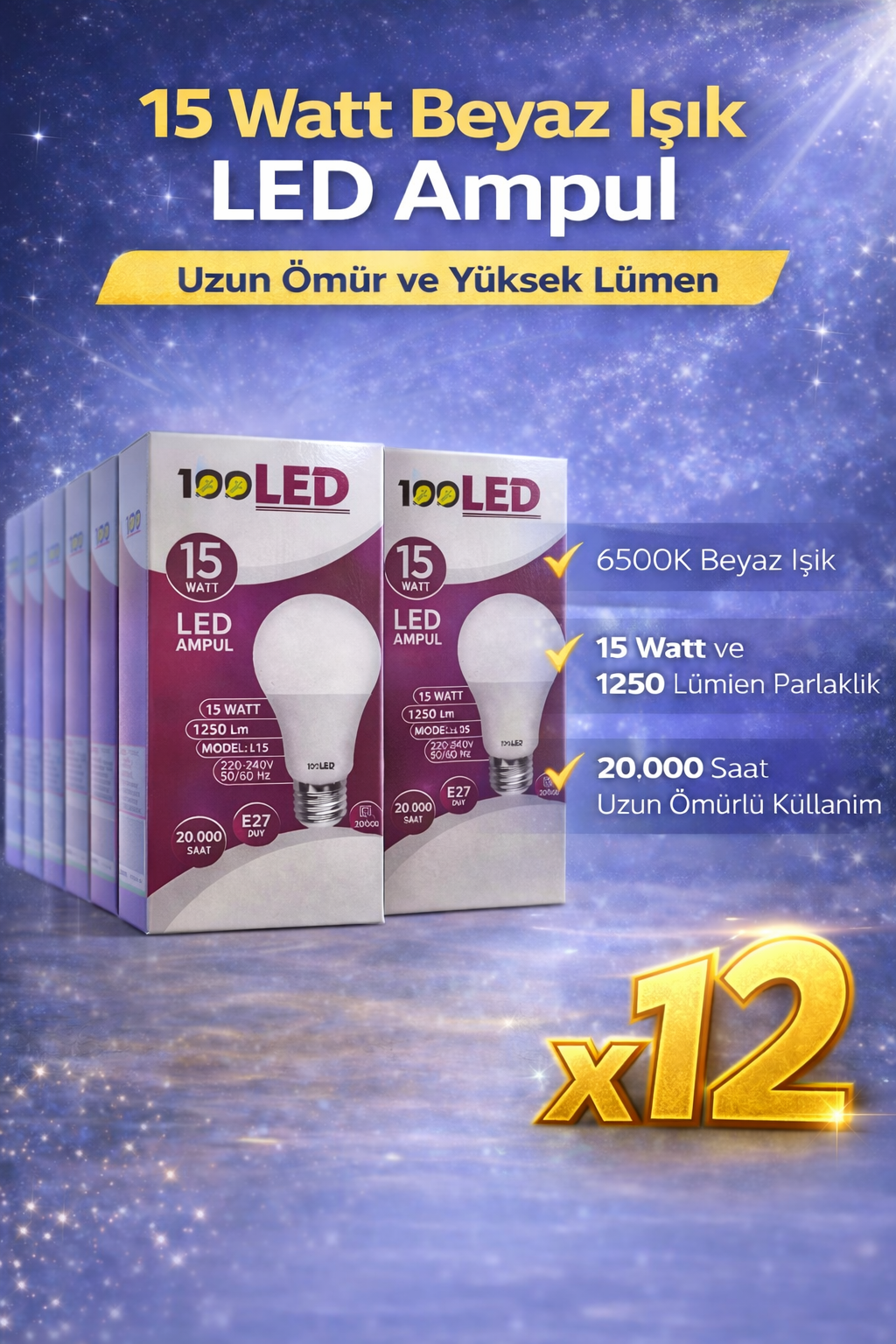 LED Ampul 15 Watt Beyaz Işık 6500K Yüksek Lümen E27 Duy Uzun Ömürlü 12 Adet