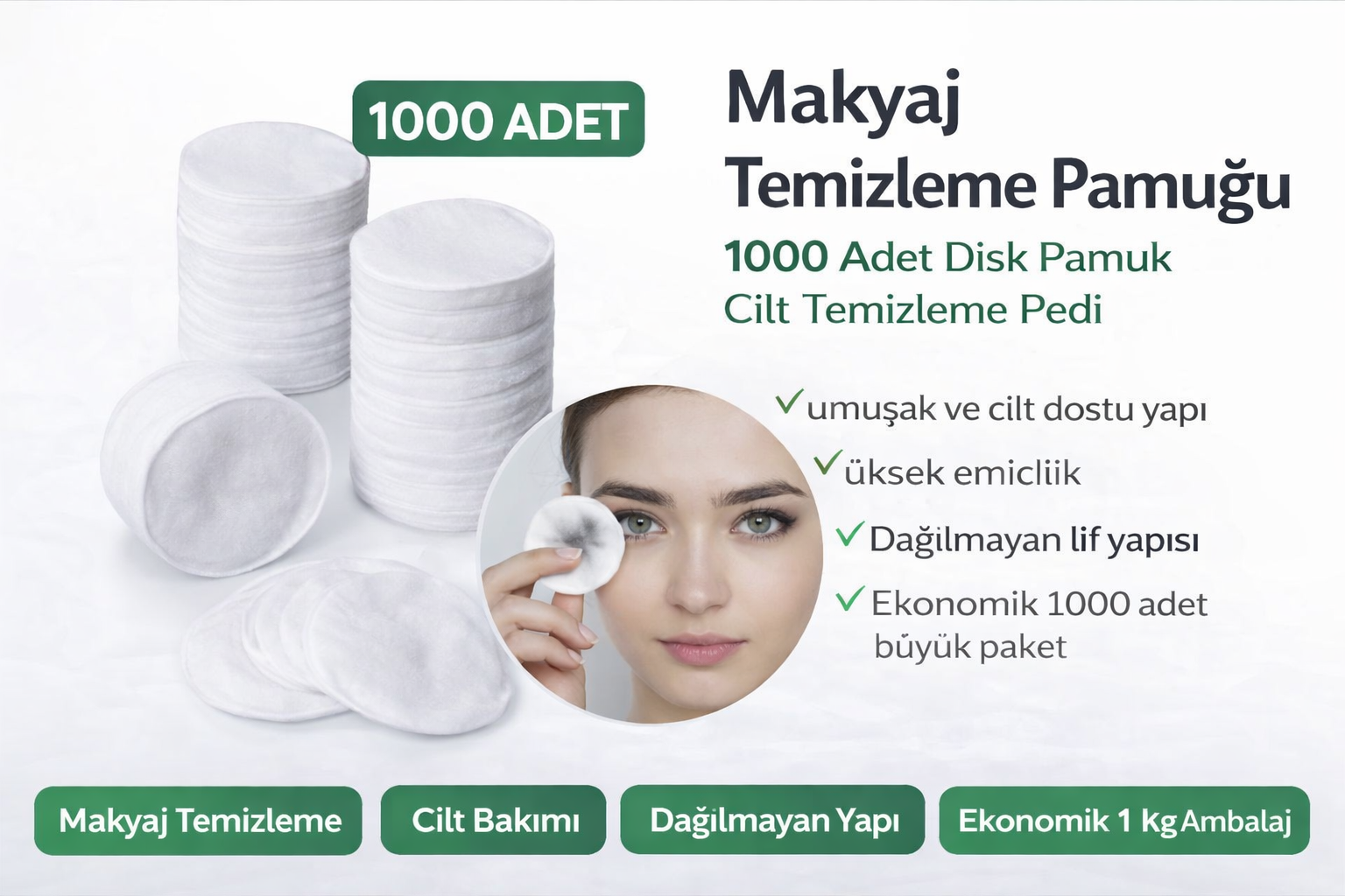 Makyaj Temizleme Pamuğu 1000 Adet Disk Pamuk Cilt Temizleme Pedi