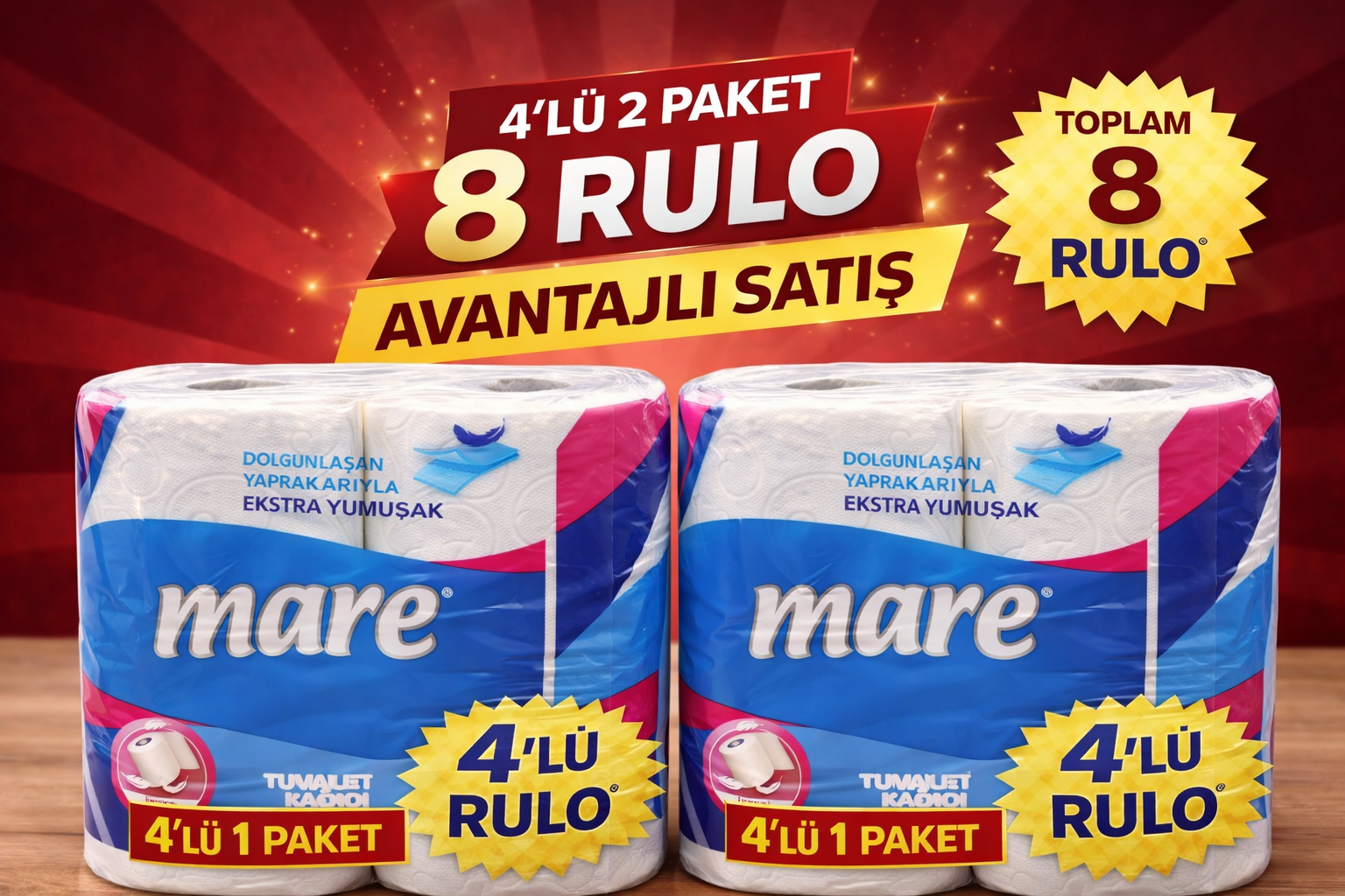 Mare Tuvalet Kağıdı 4'lü Rulo 2 Paket Ekstra Yumuşak Çift Katlı Dayanıklı Tuvalet Kağıdı