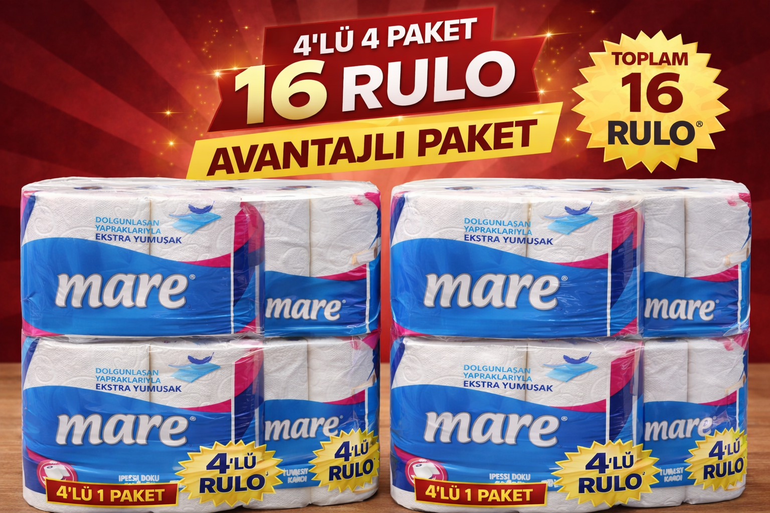 Mare Tuvalet Kağıdı 4'lü Rulo 4 Paket Ekstra Yumuşak Çift Katlı Dayanıklı Tuvalet Kağıdı