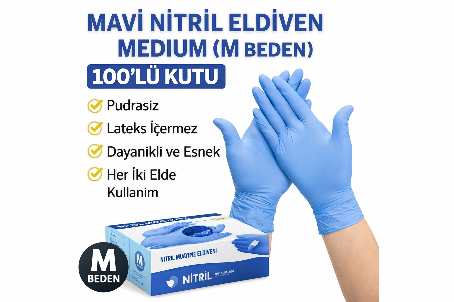 Mavi Nitril Eldiven Medium M Beden Pudrasız 100'lü 1 Kutu Tek Kullanımlık Muayene Eldiveni Lateksiz Koruyucu Eldiven