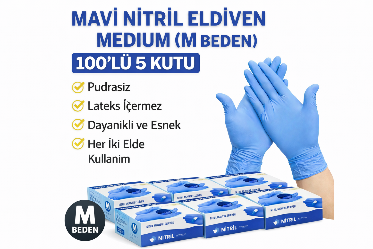 Mavi Nitril Eldiven Medium M Beden Pudrasız 100'lü 5 Kutu Tek Kullanımlık Muayene Eldiveni Lateksiz Koruyucu Eldiven Seti