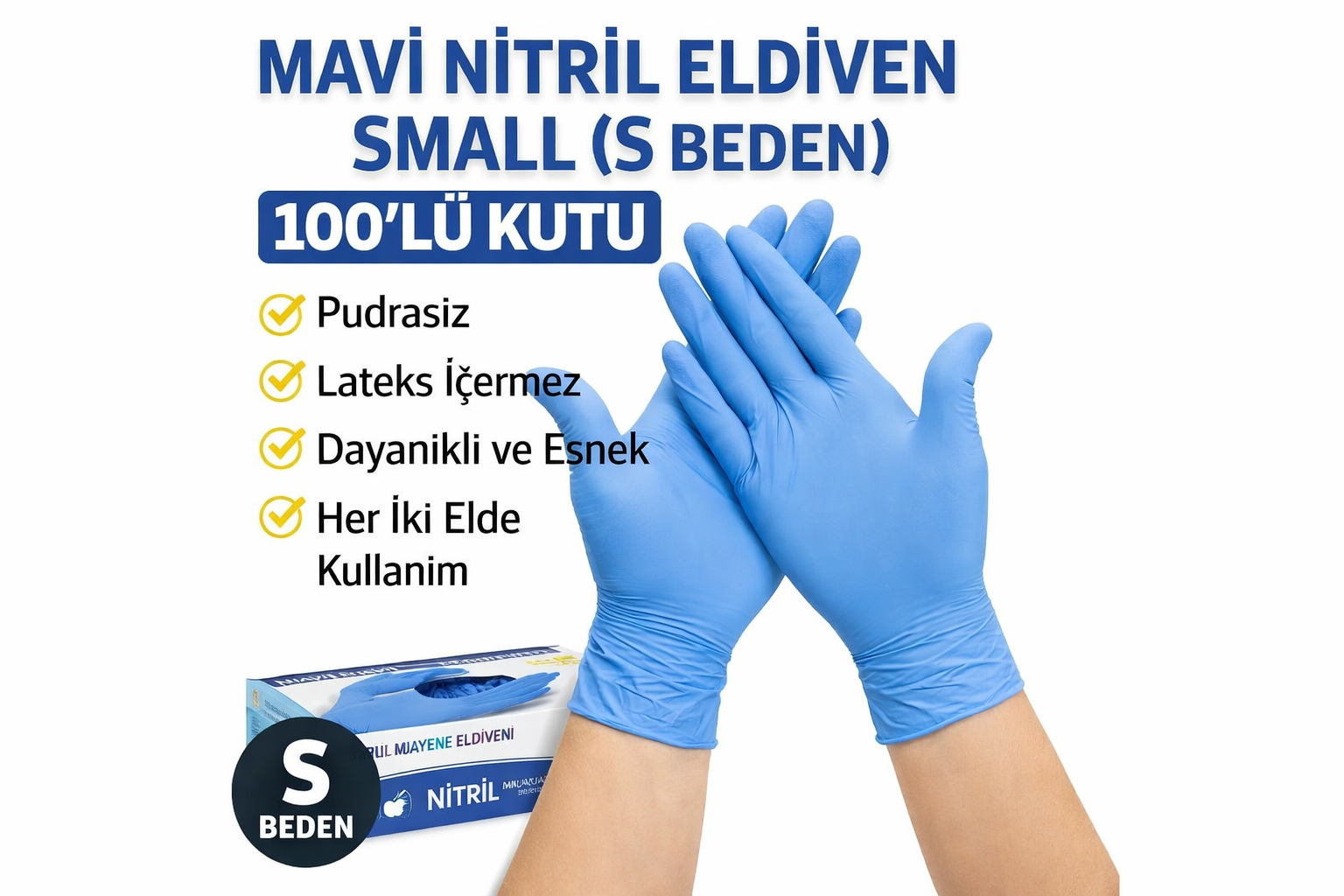 Mavi Nitril Eldiven Small S Beden Pudrasız 100'lü 1 Kutu Tek Kullanımlık Muayene Eldiveni Lateksiz Koruyucu Eldiven