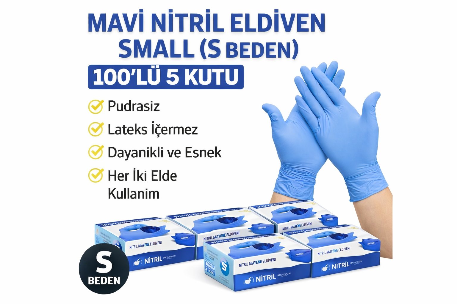 Mavi Nitril Eldiven Small S Beden Pudrasız 100'lü 5 Kutu Tek Kullanımlık Muayene Eldiveni Lateksiz Koruyucu Eldiven Seti