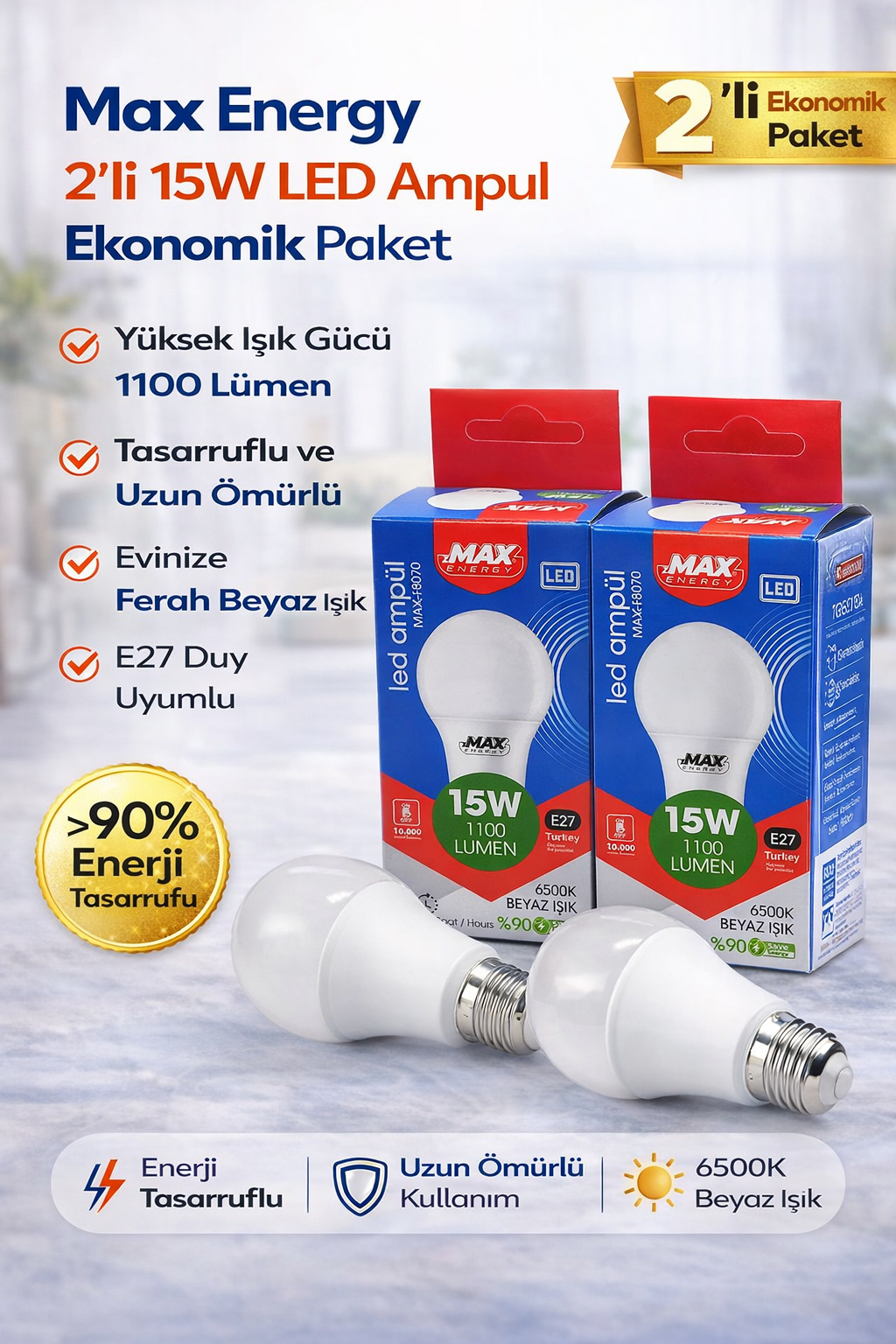 Max Energy 15W LED Ampul E27 Duy 6500K Beyaz Işık 1100 Lümen Tasarruflu Ampul 2 Adet
