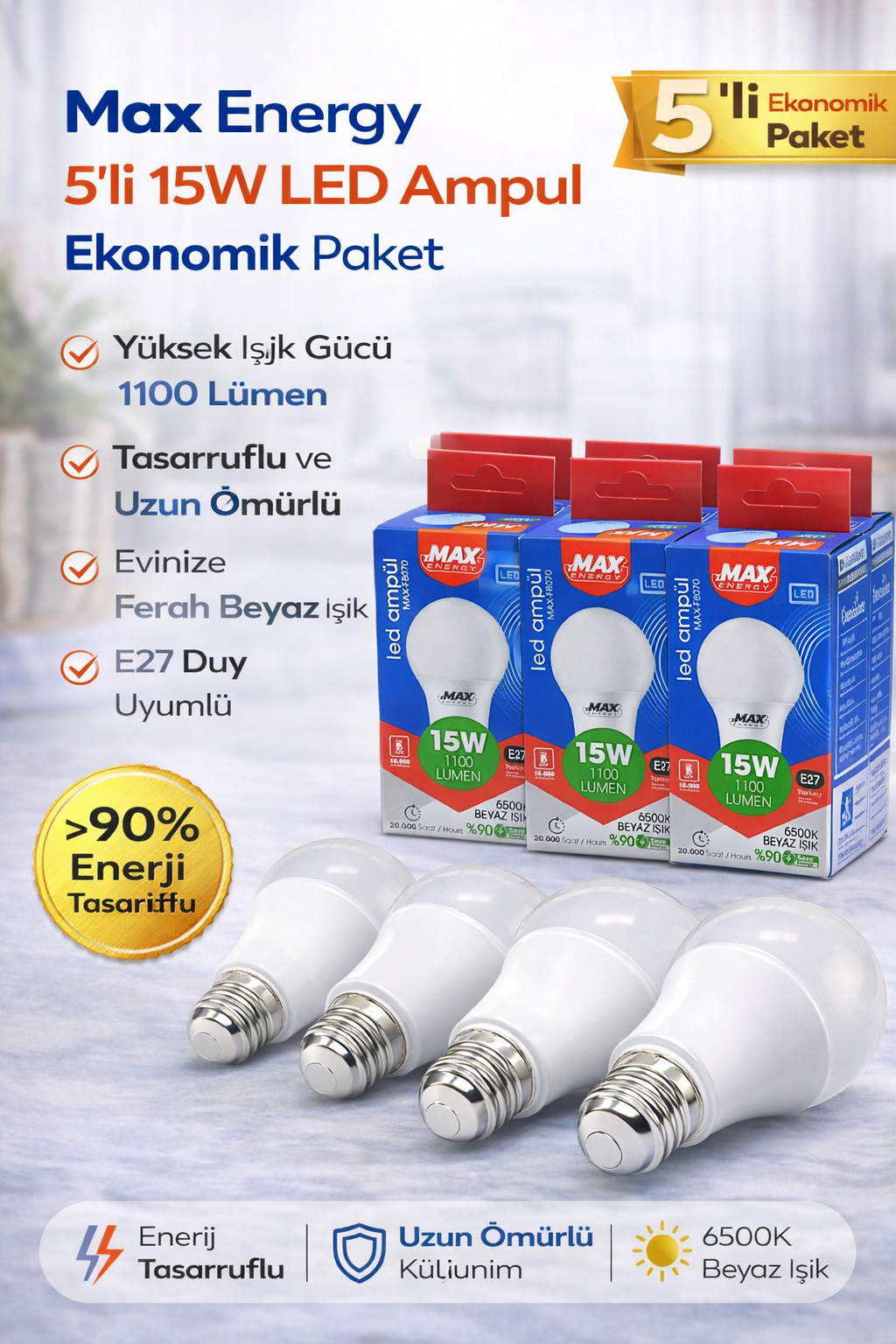 Max Energy 15W LED Ampul E27 Duy 6500K Beyaz Işık 1100 Lümen Tasarruflu Ampul 5 Adet