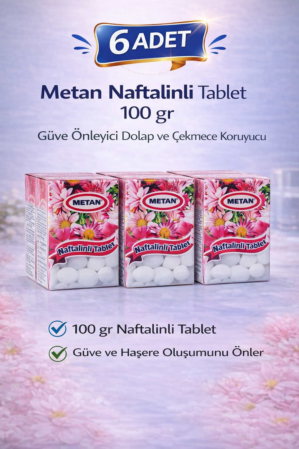 Metan Naftalinli Tablet 100 gr Güve Önleyici Dolap ve Çekmece Koruyucu 6 Adet