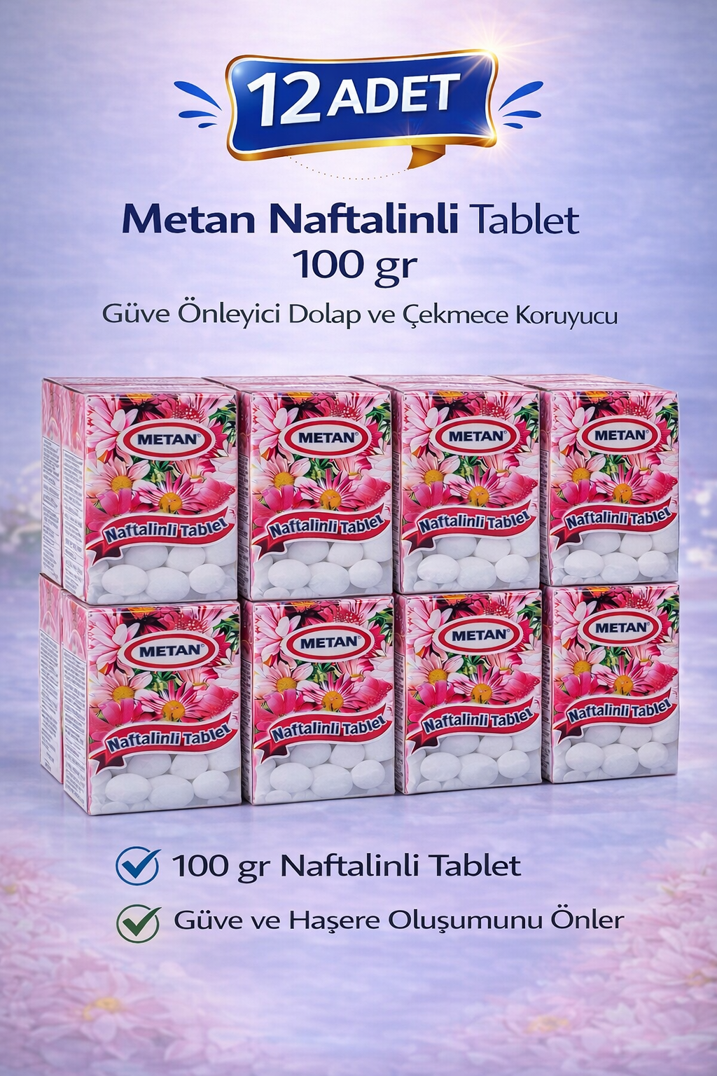 Metan Naftalinli Tablet 100 gr Güve Önleyici Dolap ve Çekmece Koruyucu 12 Adet