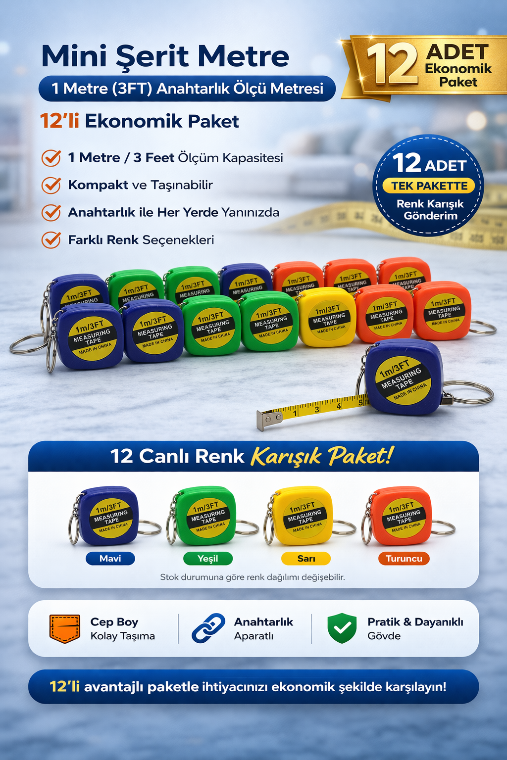 Mini Şerit Metre 1 Metre 3FT Anahtarlık Ölçü Metresi Taşınabilir Cep Metre 12 Adet