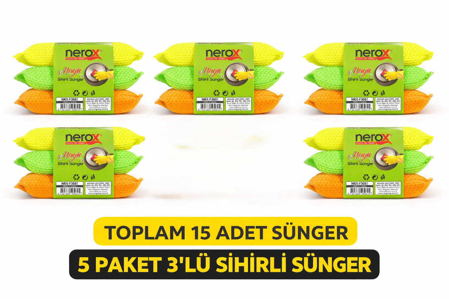 Nerox Magic Sihirli Sünger 3'lü 5 Paket Toplam 15 Adet Çok Amaçlı Temizlik Süngeri Mutfak Bulaşık Banyo Temizlik Süngeri