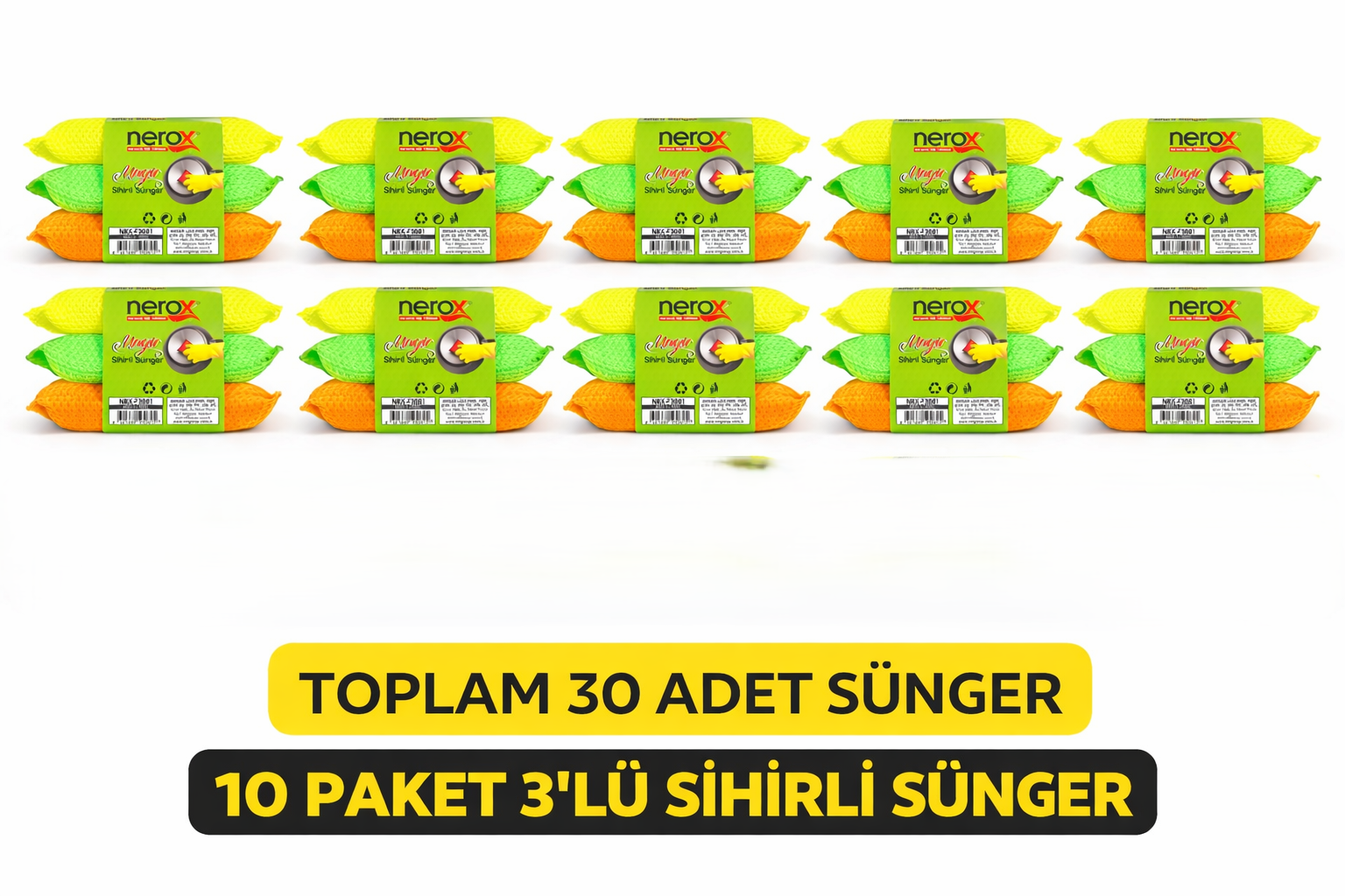 Nerox Magic Sihirli Sünger 3'lü 10 Paket Toplam 30 Adet Çok Amaçlı Temizlik Süngeri Mutfak Bulaşık Banyo Temizlik Süngeri