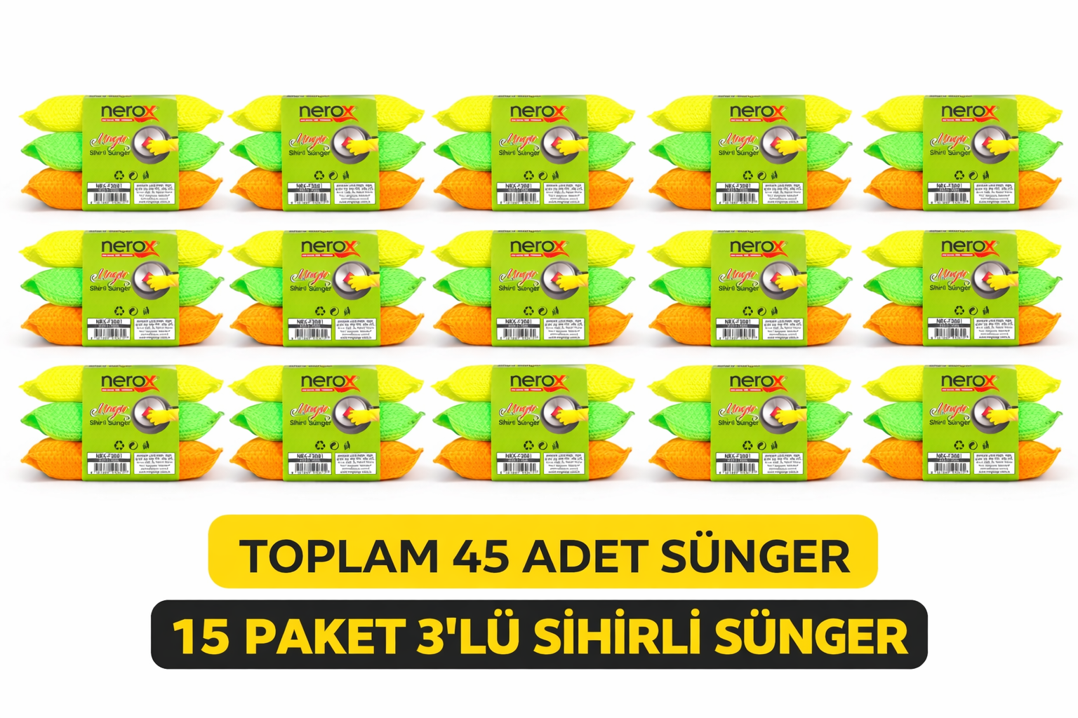 Nerox Magic Sihirli Sünger 3'lü 15 Paket Toplam 45 Adet Çok Amaçlı Temizlik Süngeri Mutfak Bulaşık Banyo Temizlik Süngeri