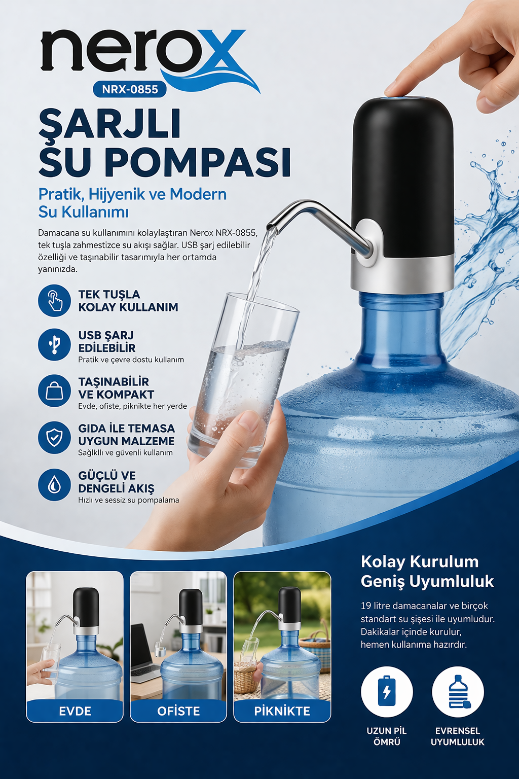 Nerox Şarjlı Su Pompası NRX-0855 USB Şarjlı Damacana Su Pompası Otomatik Su Sebili Aparatı