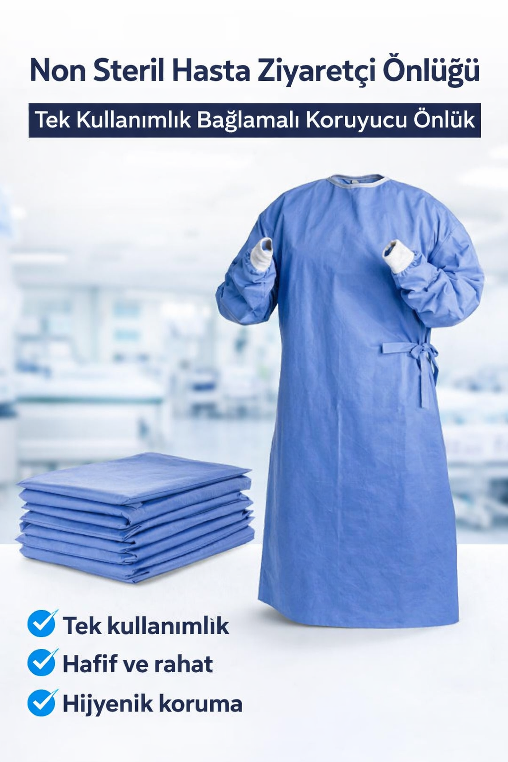 Non Steril Hasta Ziyaretçi Önlüğü 1 Adet – Tek Kullanımlık Bağlamalı Koruyucu Önlük