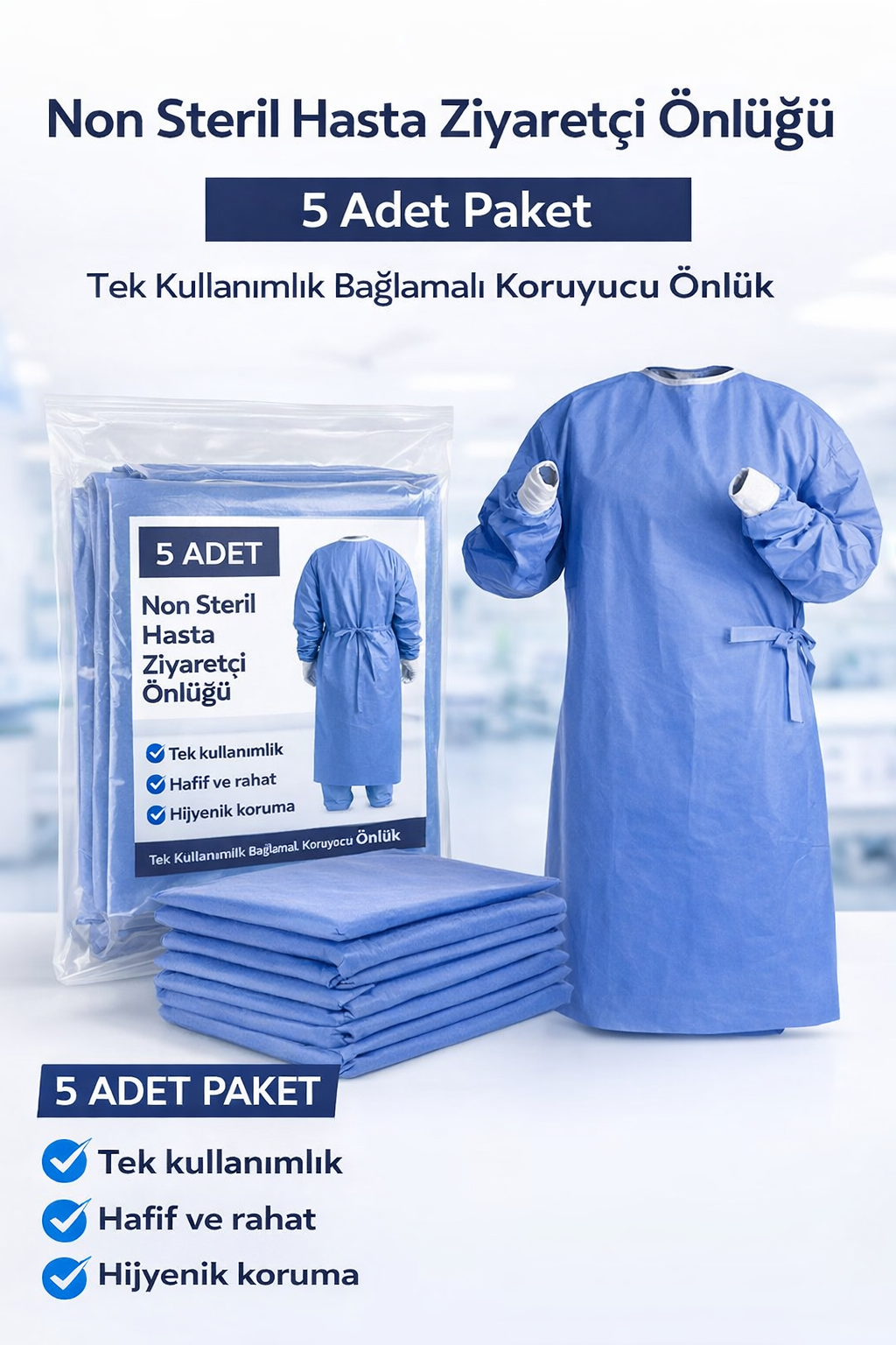 Non Steril Hasta Ziyaretçi Önlüğü 5 Adet "“ Tek Kullanımlık Bağlamalı Koruyucu Önlük