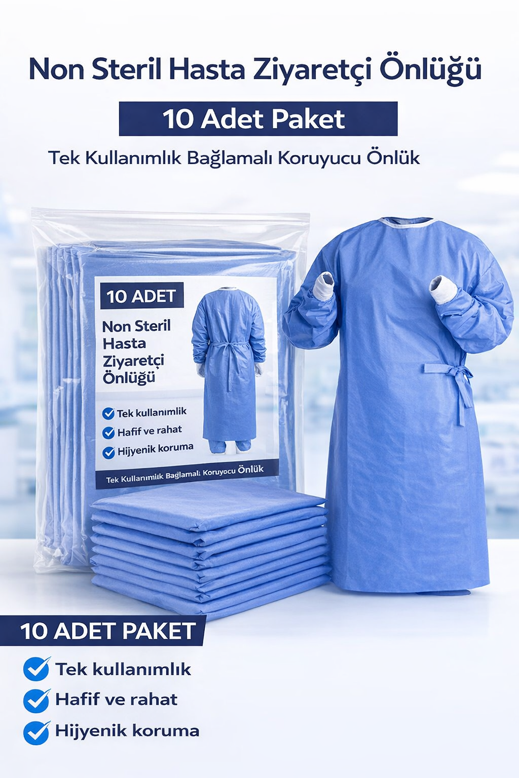 Non Steril Hasta Ziyaretçi Önlüğü 10 Adet "“ Tek Kullanımlık Bağlamalı Koruyucu Önlük