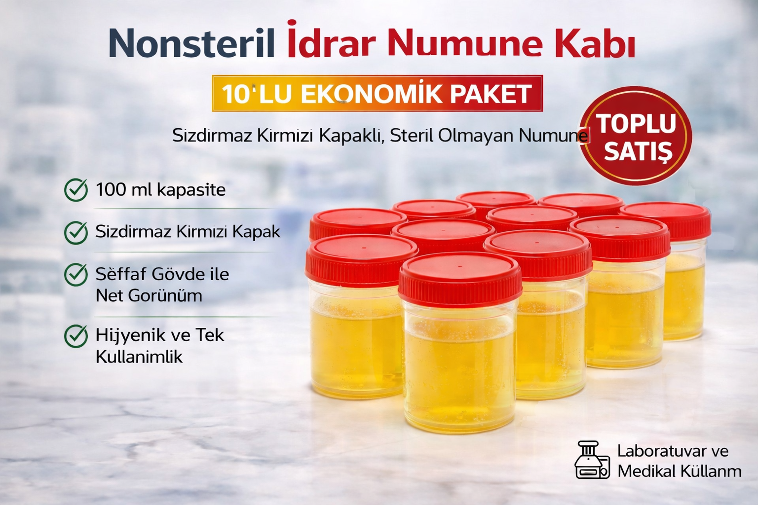 Nonsteril İdrar Numune Kabı 100 ml Sızdırmaz Kapaklı Steril Olmayan Numune Kabı Laboratuvar ve Medikal Kullanım 10 Adet