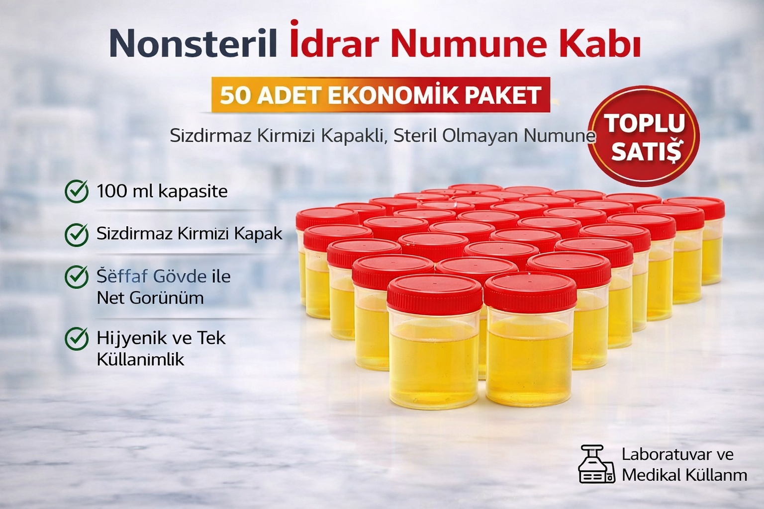 Nonsteril İdrar Numune Kabı 100 ml Sızdırmaz Kapaklı Steril Olmayan Numune Kabı Laboratuvar ve Medikal Kullanım 50 Adet
